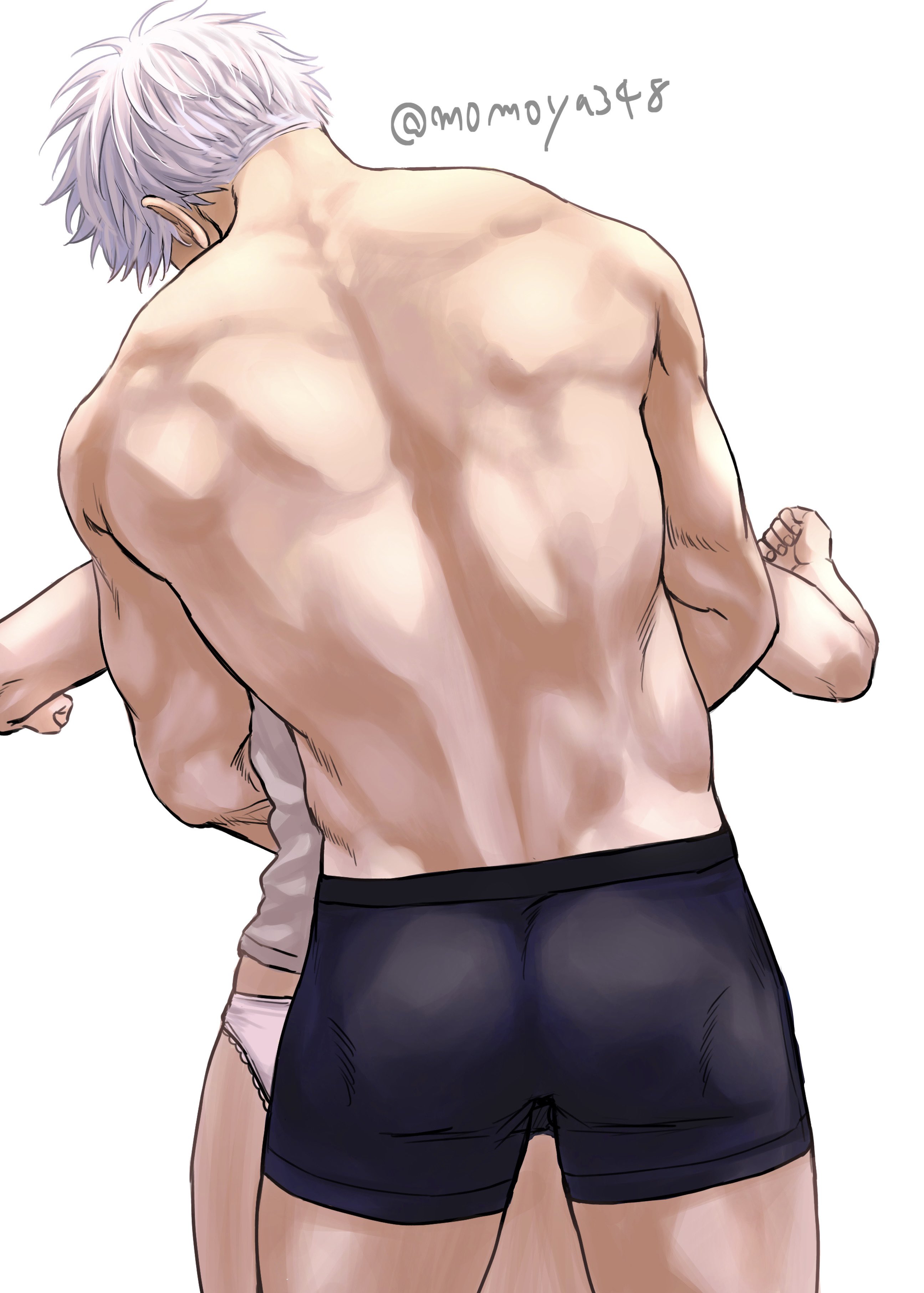 1boy, 1girls, anonymous female, back, back muscles, backside, bare back, bigger male, boxer briefs, boxers, boxers (clothing), female, height difference, hugging from behind, jujutsu kaisen, larger male, male, male/female, muscular, muscular back, muscular male, original character, satoru gojo, shirtless, shirtless male, straight, underwear, underwear only, viewed from behind, white hair