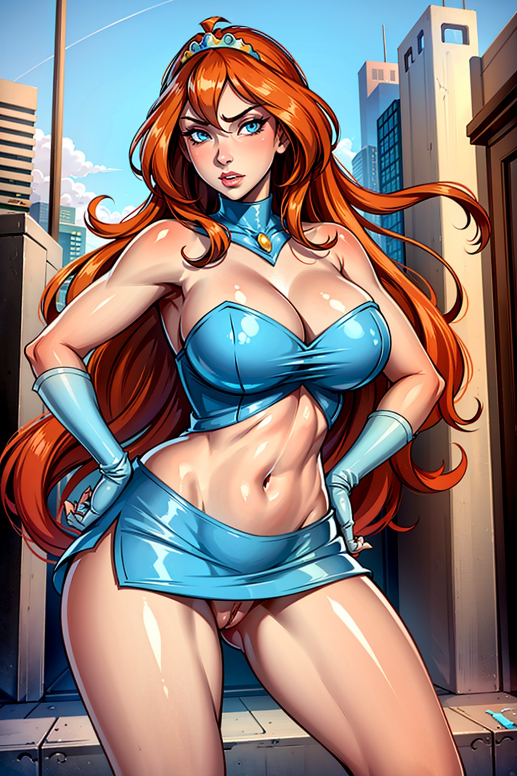 4kids entertainment, ai generated, bloom (winx club), breasts, exposed midriff, exposed shoulders, female, female only, frown, hands on hips, huge breasts, microskirt, nickelodeon, no panties, no wings, public, public nudity, pussy, rainbow (animation studio), tubetop, vagina, winx club