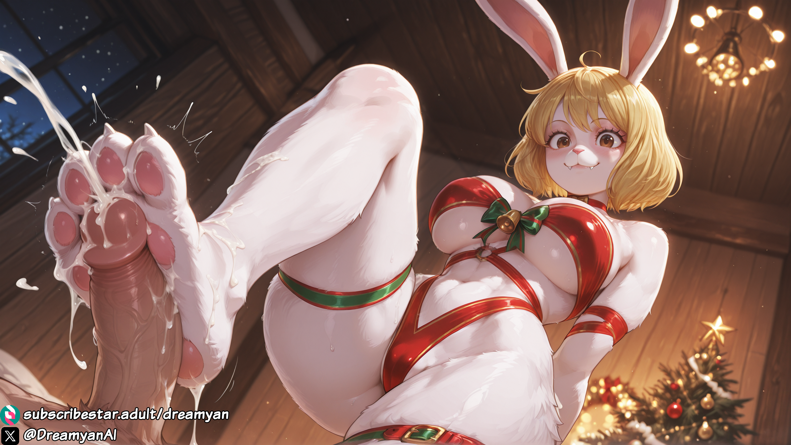1girls, ai generated, barefoot, big breasts, big penis, blonde hair, body fur, breasts, brown eyes, bunny ears, bunny girl, carrot (one piece), christmas, cum, cum on feet, curvy, curvy body, curvy female, dreamyan ai, excessive cum, feet, female, foot fetish, foot focus, footjob, fur, furry, furry female, hi res, high quality, high resolution, highres, leg up, legs, male, male pov, one piece, paws, pov, rabbit ears, rabbit girl, ribbon, ribbon bondage, ribbons, short hair, smile, smiling, standing, thick ass, thick thighs, thighs, toes, uncensored