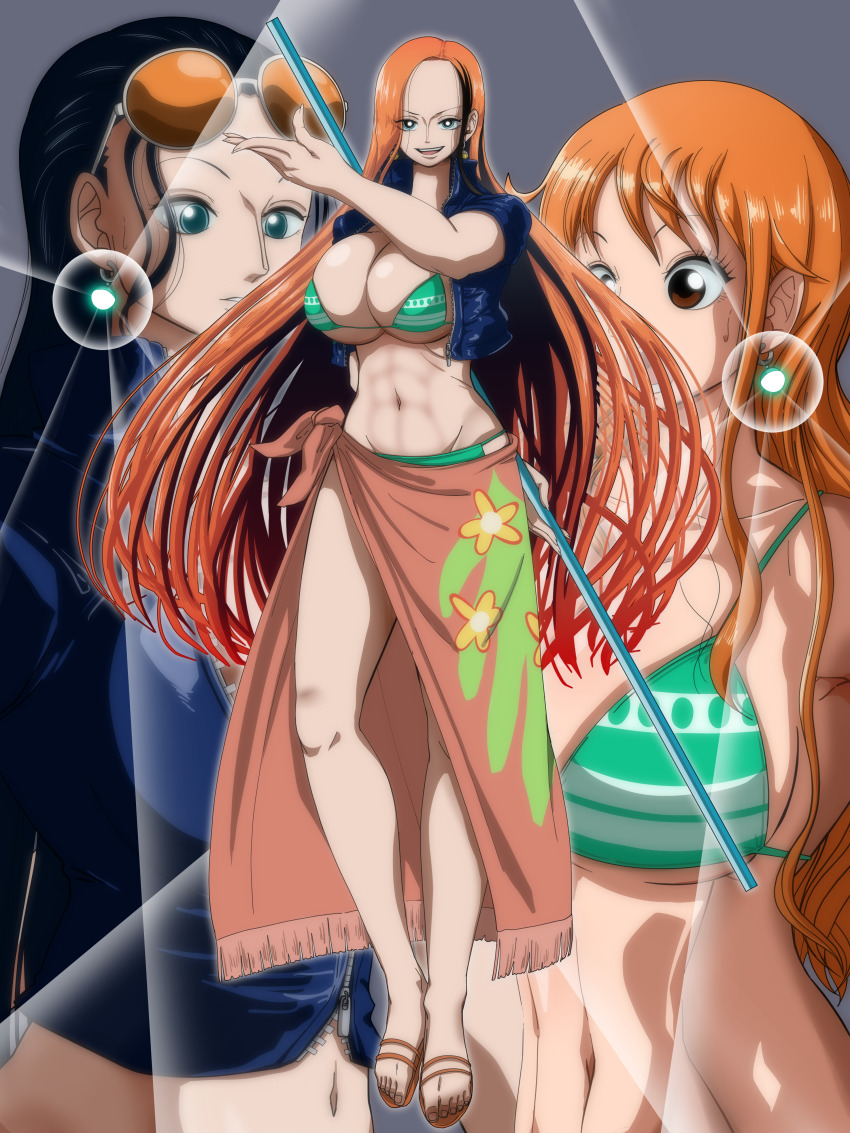 3girls abs absurdres akuma_no_mi arms_at_sides bikini breasts cleavage_cutout clima-tact clothing_cutout crossover curvy dancer dragon_ball earrings female female_only fusion fusion_character hana_hana_no_mi hazama_null high_heels highres jacket jewelry large_breasts long_hair looking_at_viewer midriff multicolored_hair multiple_girls nami nami_(one_piece) namico navel nico_robin one_piece open_clothes open_jacket orange_eyes post-timeskip potara_earrings sarong sideboob sitting slippers smile striped_bikini swimsuit thick_thighs thighs tight_clothes towel_around_waist very_long_hair