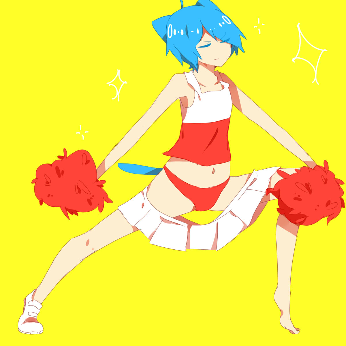 1boy blue_hair canon_crossdressing cat_boy cat_ears cat_tail cheerleader closed_eyes colored_eyelashes crossdressing erect_tail femboy femboy_focus full_body gumball_watterson gumball_watterson_(human) highres male_focus mei_(tsukimei99) panties pom_poms red_panties shiny simple_background skirt skirt_down solo tail tank_top the_amazing_world_of_gumball the_amazing_world_of_gumball_(human) underwear yellow_background