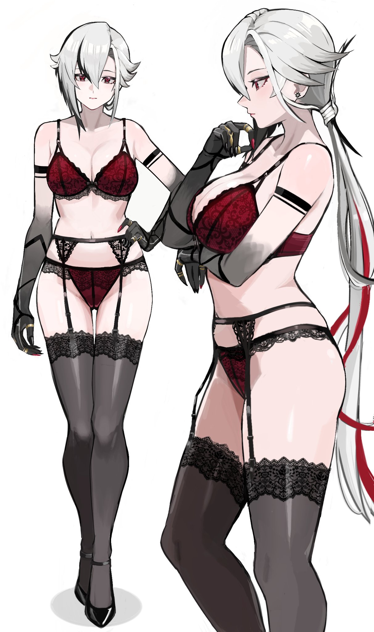 1girls, arlecchino (genshin impact), ayatak0517, big breasts, black arms, black eyes, black highlights, breasts, female, female only, full body, garter belt, garter straps, genshin impact, heels, hi res, highlights (coloring), lingerie, long hair, looking at viewer, red highlights, solo, solo female, stockings, tied hair, white background, white hair, x eyes, x-shaped pupils