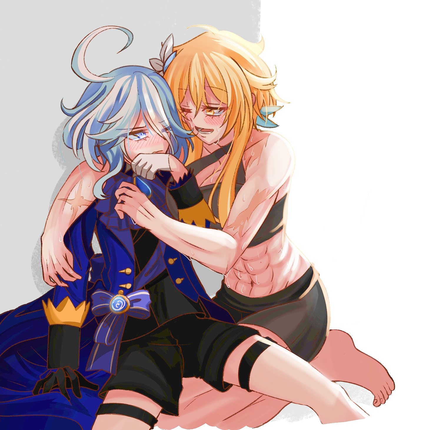 2girls, abs, biceps, black shirt, blonde hair, blue eyes, blue hair, blue jacket, blush, breast press, breasts, cleavage, female, furina (genshin impact), genshin impact, hand covering mouth, jacket, large breasts, lumine (genshin impact), multiple females, multiple girls, muscular, muscular arms, muscular female, scar, shirt, shorts, sports bra, sportswear, sweat, yellow eyes, yukiart 83, yuri
