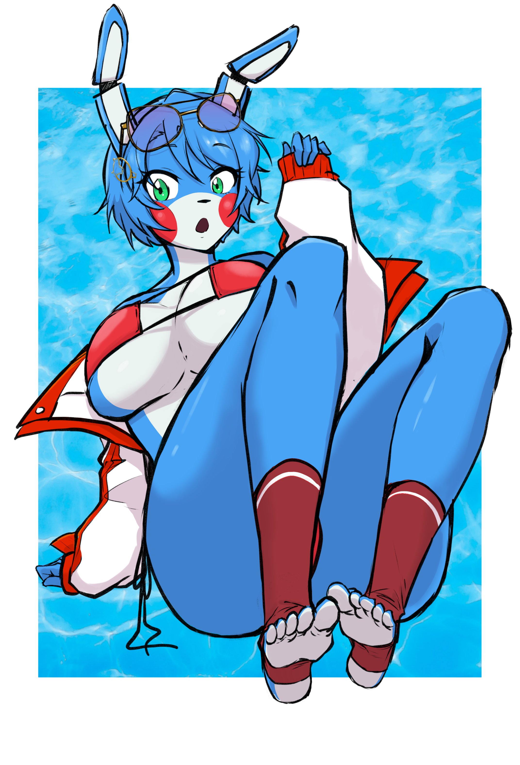 1girls, beach, bikini, bob cut, bonnie (fnaf), bonnie (fnia), coat, female, five nights at freddy's, five nights at freddy's 2, five nights in anime, fnaf, fnia, jacket, looking at viewer, realspacebear87, rule 63, scottgames, sitting, solo, thicceagle, water