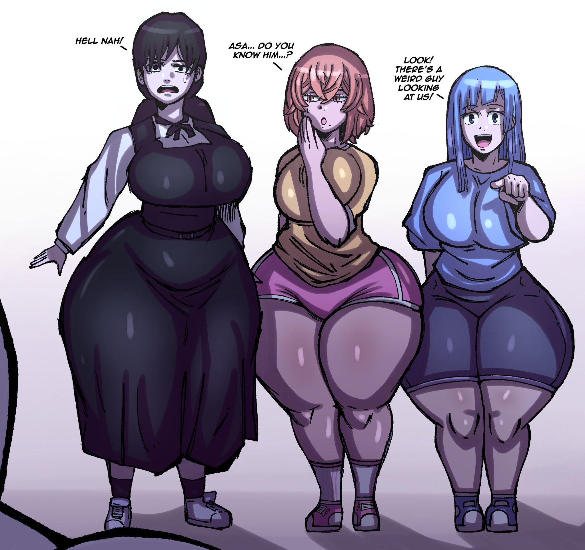 3girls, alternate breast size, ass, bike shorts, black hair, blue hair, bottom heavy, breasts, chainsaw man, child bearing hips, clothed, company connection, crossover, dress, female, female only, fourth east high school uniform, gym shorts, hinata tachibana, insulting viewer, jujutsu kaisen, kasumi miwa, looking at viewer, mappa, mitaka asa, multiple females, multiple girls, pink hair, pointing, short shorts, shorts, shounen jump, shueisha, t-shirt, tachibana hinata, theodyss, thick thighs, tokyo revengers, voluptuous, voluptuous female, weekly shonen jump, wide hips
