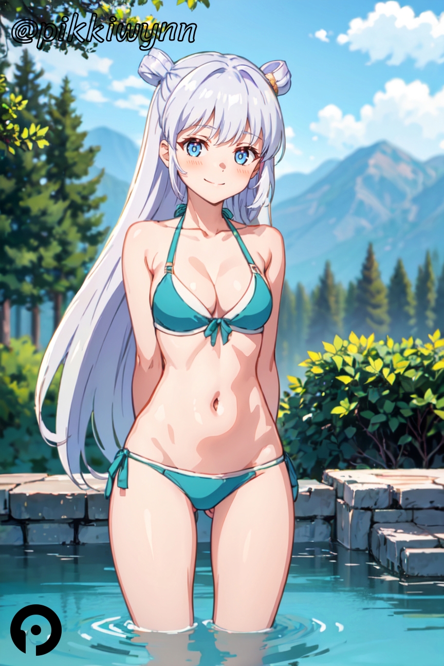 ai_generated arms_behind_back ass_visible_through_thighs bangs bare_shoulders bikini blue_bikini blue_eyes blue_sky blush breasts cleavage closed_mouth cloud collarbone day dia_viekone_(ansatsu_kizoku) double_bun female front-tie_top hair_bun halterneck long_hair looking_at_viewer medium_breasts mountain navel outdoors pikkiwynn sekai_saikō_no_ansatsusha_isekai_kizoku_ni_tensei_suru side-tie_bikini_bottom sky smile solo standing stomach string_bikini swimsuit the_worlds_finest_assassin_gets_reincarnated_in_another_world_as_an_aristocrat tree wading water