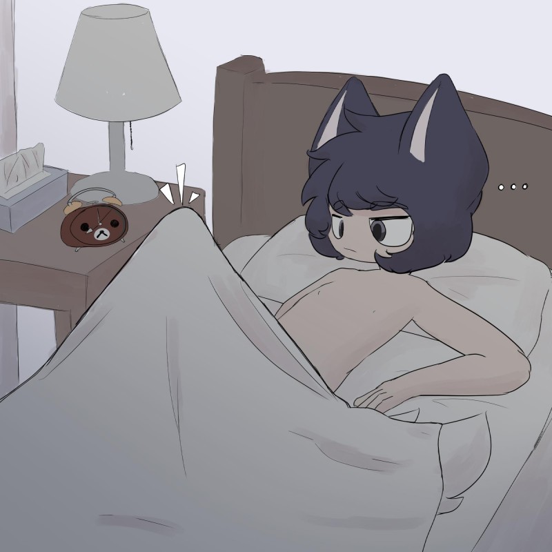 ... 1boy :/ animal_ears animal_tail bed bedroom clock dark_blue_hair erect_penis erection erection_under_blanket eyebrows_visible_through_hair femboy grey_eyes hsp lamp light-skinned_male light_skin male male_only rilakkuma rilakkuma_(series) san-x short_hair