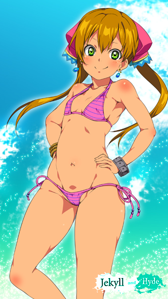 1girls bare_arms bare_legs bare_midriff bare_shoulders bare_thighs belly_button bikini bikini_bottom bikini_top blonde_hair blue_earrings blue_sky blush bracelet brown_bracelet clouds earrings female female_only green_eyes hair_ribbon human melty_(suisei_no_gargantia) metal_bracelet midriff navel pink_bikini pink_bikini_bottom pink_bikini_top pink_ribbon ribbon ribbon_in_hair solo suisei_no_gargantia tan_skin thick_thighs tribal_bracelet