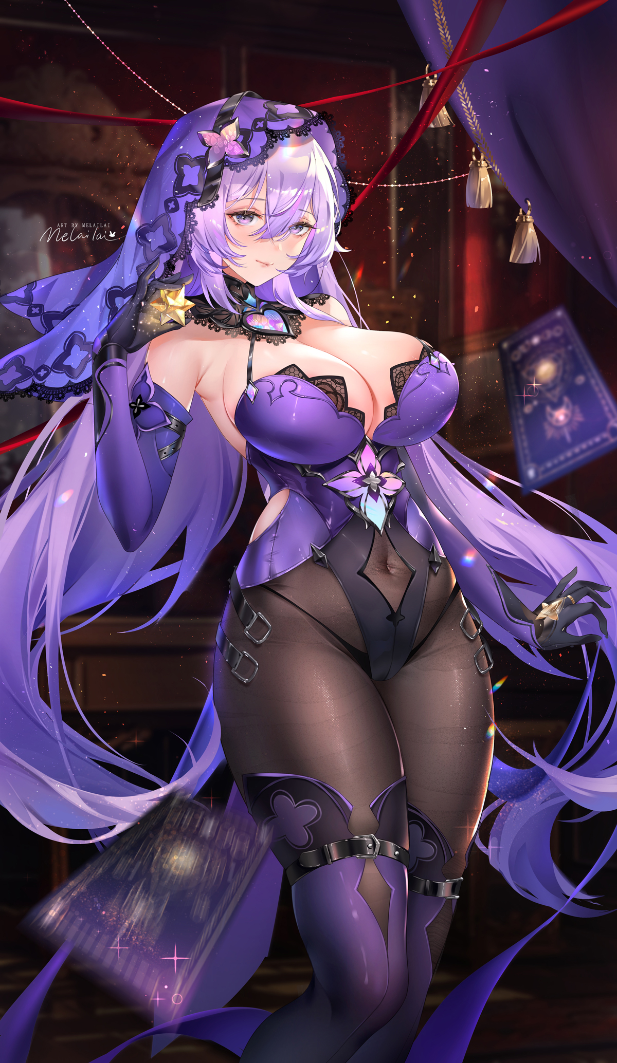 belly button, big breasts, black panties, black swan (honkai: star rail), breasts, female, honkai: star rail, long hair, melailai, purple eyes, purple hair