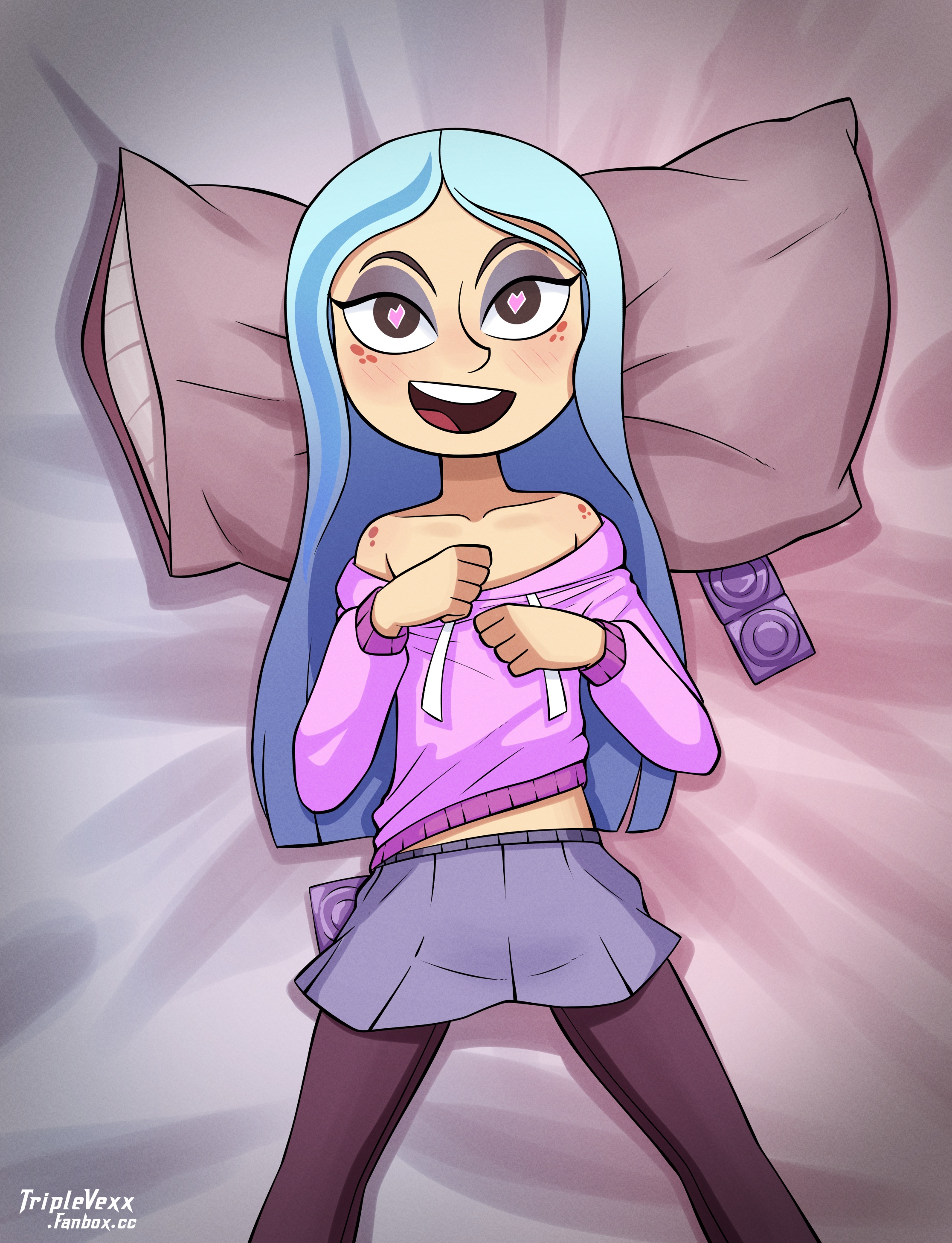 1girls, andrea davenport, bare shoulders, blue hair, blush, clothed, condom wrapper, disney, disney channel, female, heart-shaped pupils, inviting, long hair, looking at viewer, miniskirt, on back, open mouth, pillow, solo, sweater, the ghost and molly mcgee, thighhighs, triplevexx, undressing