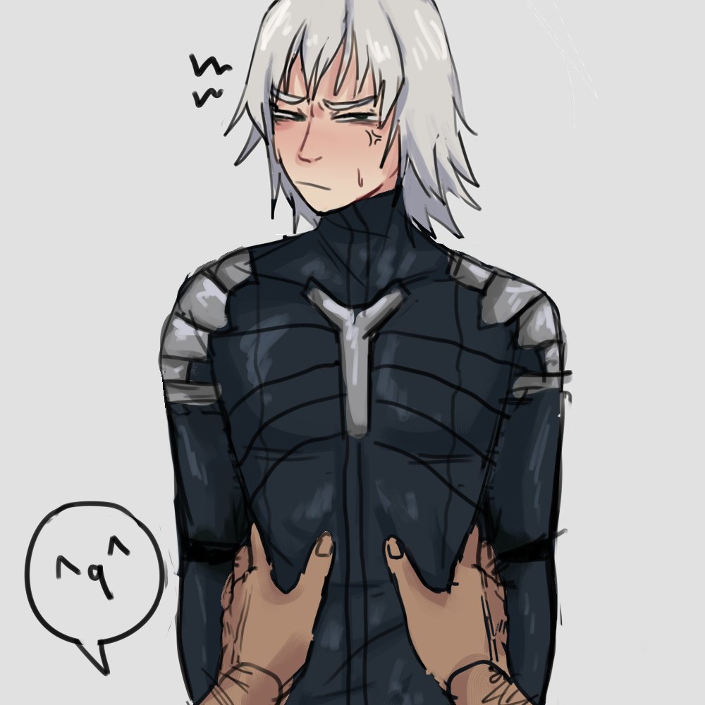 bodysuit embarrassed fortnite gear grabbing hibi_(dustbinrat) holding_waist male male_focus metal_gear_solid metal_gear_solid_2 raiden_(metal_gear) skin_tight skinny suprised tactical twink waist waist_grab white_hair wide_hips