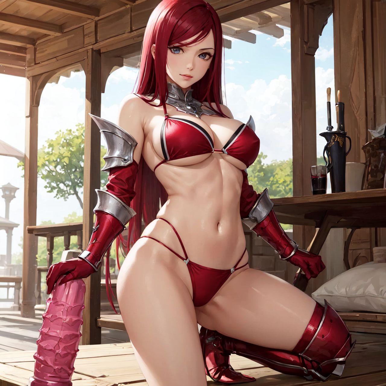 1girls, ai generated, armor, bikini, dildo, erza scarlet, fairy tail, female, red hair