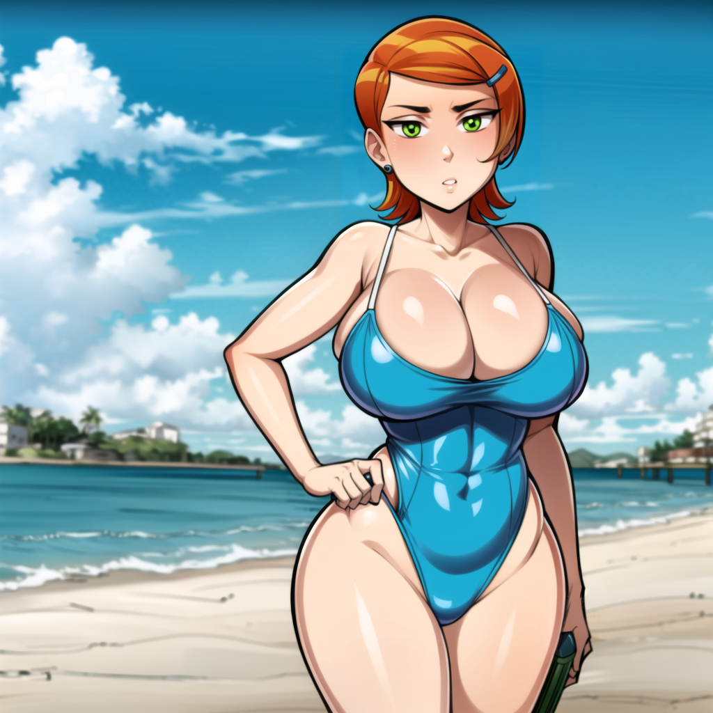 1girls aged_up ai_generated alternate_breast_size ass beach ben_10 big_ass big_breasts blue_sky blue_swimsuit breasts cats62 cleavage cloud cloudy_sky covered_navel female female_only green_eyes gwen_tennyson huge_breasts large_ass large_breasts looking_at_viewer one-piece_swimsuit orange_hair short_hair sky solo solo_female solo_focus standing thighs voluptuous voluptuous_female