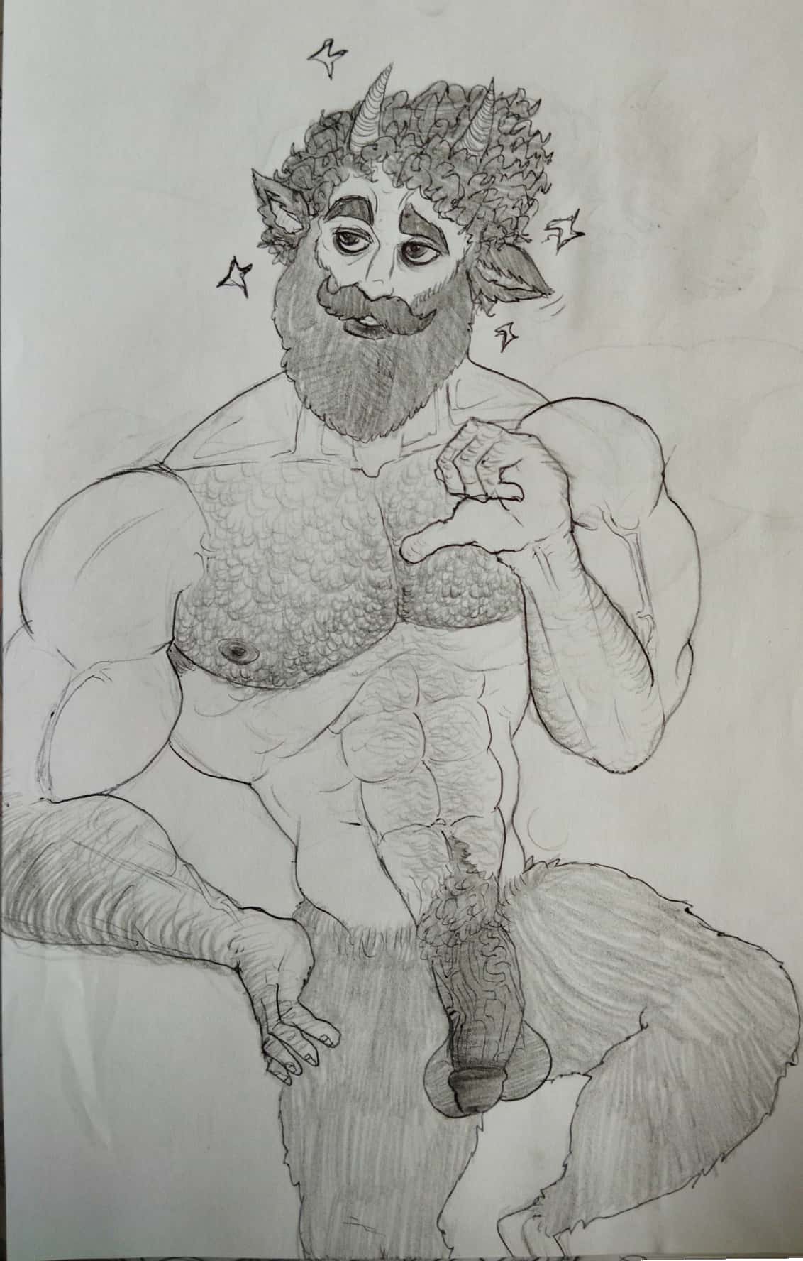 1boy abs animal_ears artist_request balls ballsack bara beard big_balls big_penis body_fur body_hair bragging circumcised circumcision_scar cocky confident curly_hair dangling_testicles facial_hair flaccid flaccid_penis george_(character) hairy_arms hairy_chest hairy_male half-human horns humanoid hunk low_hanging_balls male male_nipples male_only masculine mature_male monochrome muscles muscular_male mustache nude_male pecs pencil_(artwork) penis posing proud satyr scrotum sketch solo testicles thick_penis traditional_art traditional_media traditional_media_(artwork) veiny_muscles veiny_penis