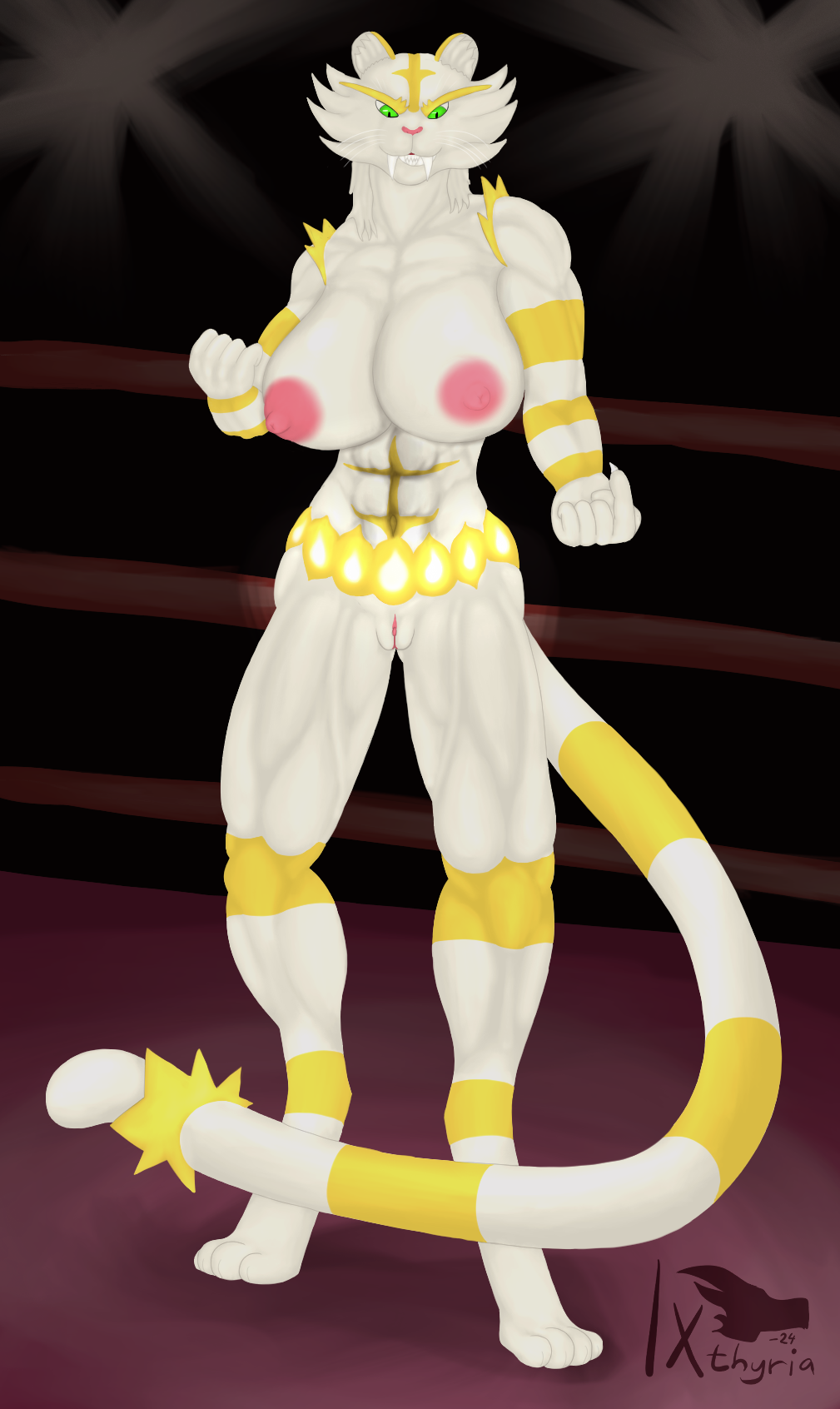 anthro big_breasts breasts female fighting_ring fur generation_7_pokemon genitals green_eyes hi_res huge_breasts incineroar ixthyria mishar muscular muscular_female nintendo nude pokemon pokemon_(species) pussy smile smiling_at_viewer smirk smirking_at_viewer solo stripes taunting white_body white_fur yellow_stripes