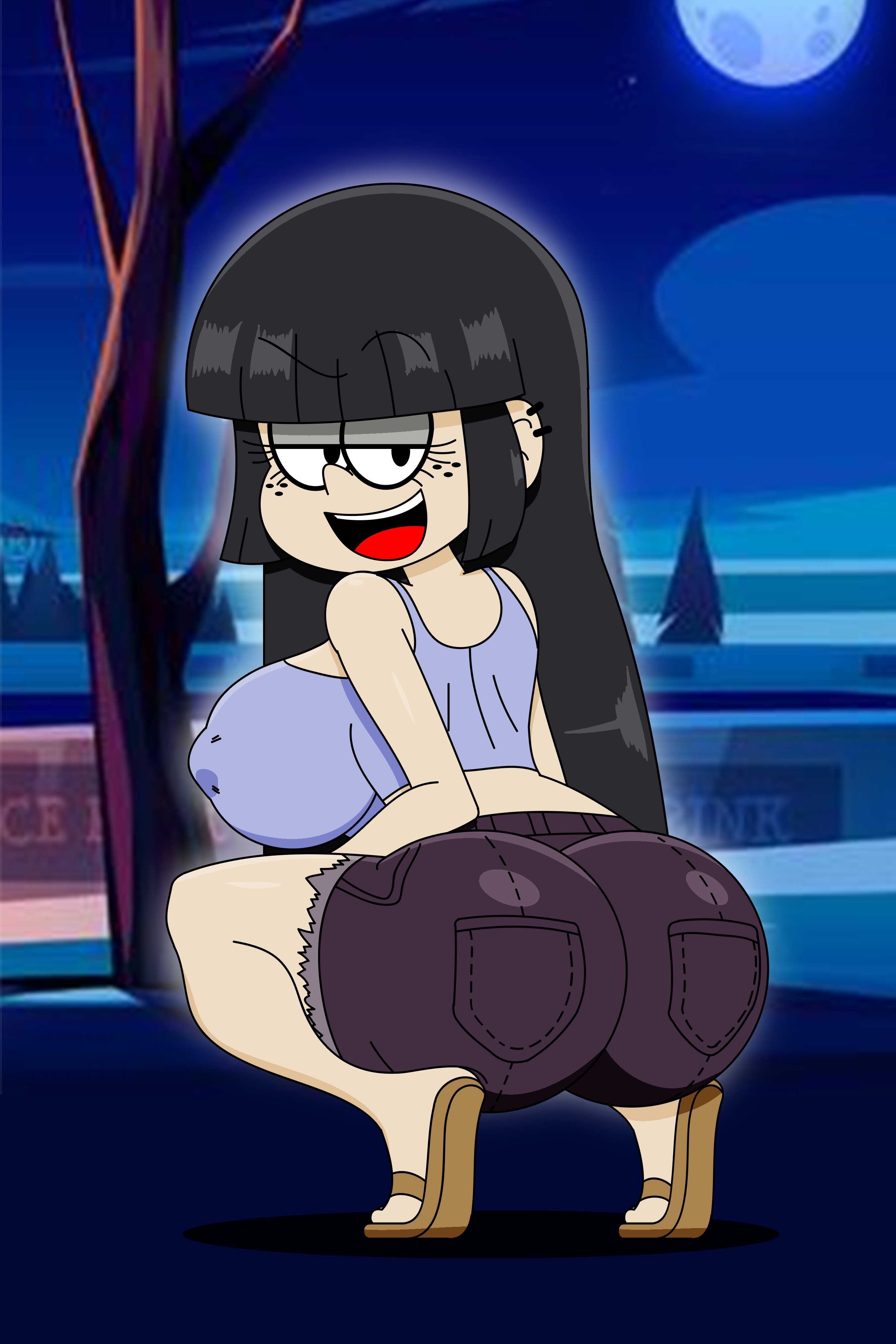 1girls, ass, back view, big ass, big breasts, big butt, black hair, breasts, bubble ass, bubble butt, clothing, emo, female, female focus, female only, ferozyraptor, goth, goth girl, gothic, hands on thighs, hips, lake, large breasts, looking at viewer, maggie (the loud house), moon, moonlight, nickelodeon, night, nipples, nipples visible through clothing, patreon reward, patreon username, purple shorts, sandals, solo, squatting, squatting position, tank top, teasing, teasing viewer, teenage female, teenager, the loud house, wide hips