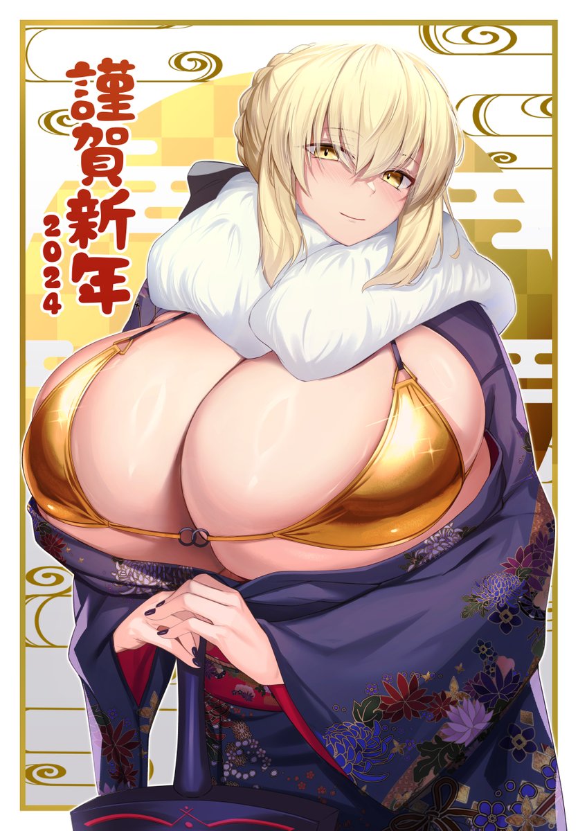 1girls alternate_breast_size artoria_pendragon artoria_pendragon_(alter) black_nail_polish black_nails blonde_hair breasts_bigger_than_head fate/grand_order fate_(series) gold_bikini happy_new_year happy_new_year_2024 hirasawa_seiji huge_breasts japanese_text kemono looking_at_viewer new_year new_year_2024 revealing_breasts smile smiling_at_viewer sword text translated yellow_eyes