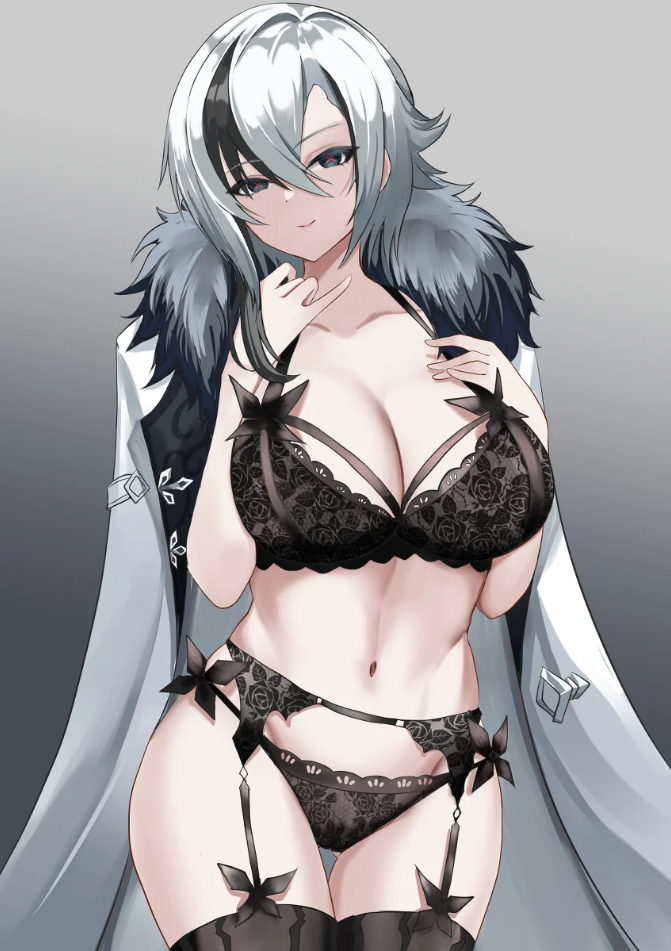 1girls arlecchino_(genshin_impact) black_eyes bra genshin_impact lingerie only_female simple_background smile tian_kazuki underwear white_hair