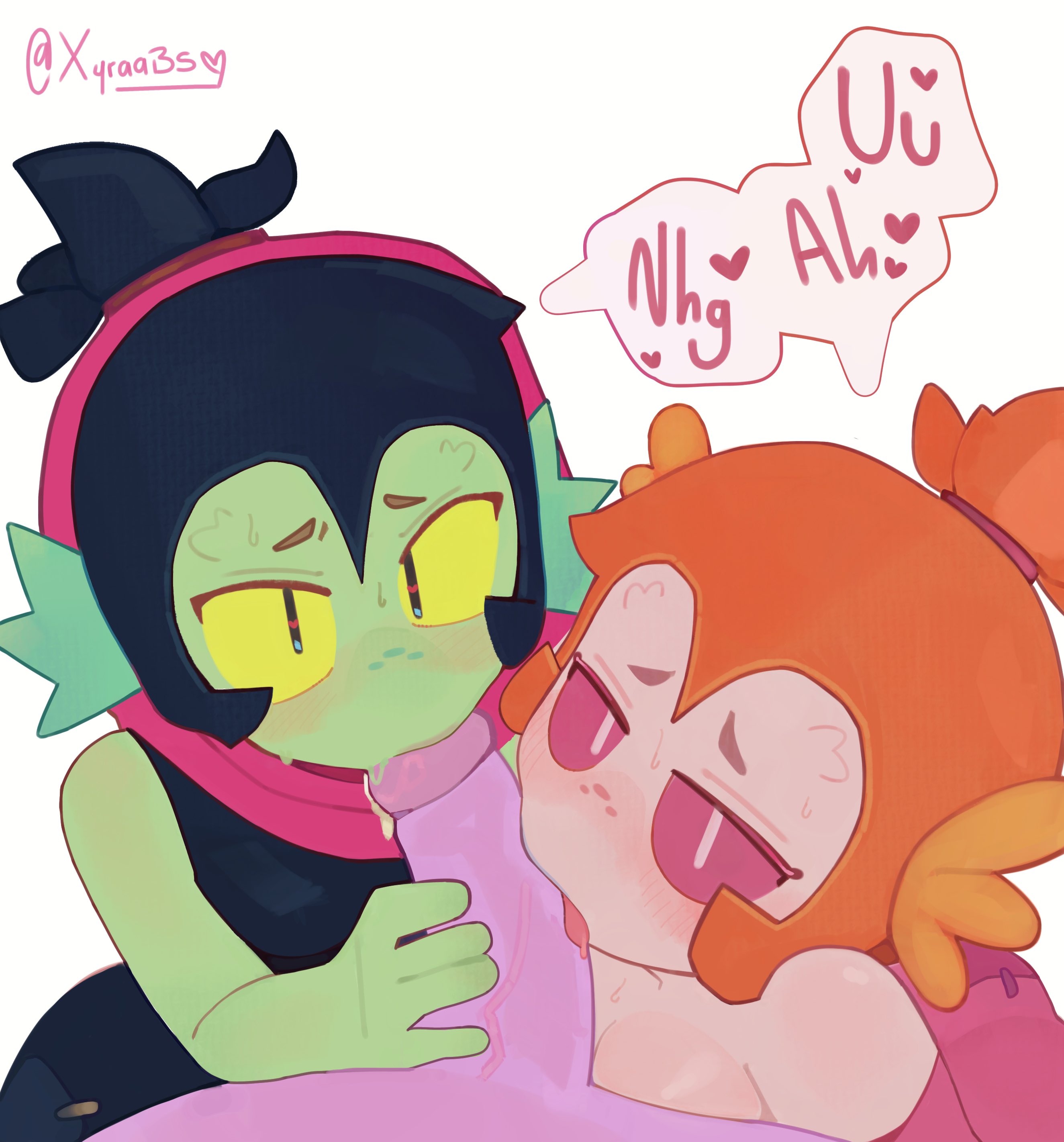 1boy, 2girls, alternate costume, amphibian, axl willow (brawl stars), axolotl humanoid, black hair, blowjob, blushing, blushing at viewer, brawl stars, collaborative fellatio, cum in mouth, dick, double blowjob, fellatio, female, fully clothed, grabbing penis, green skin, licking penis, looking at viewer, magenta eyes, male, moaning, multiple females, multiple girls, offscreen male, oral sex, orange hair, penis, pink skin, purple penis, purple skin, short hair, teamwork, watermark, white background, willow (brawl stars), xyraabs, yellow eyes