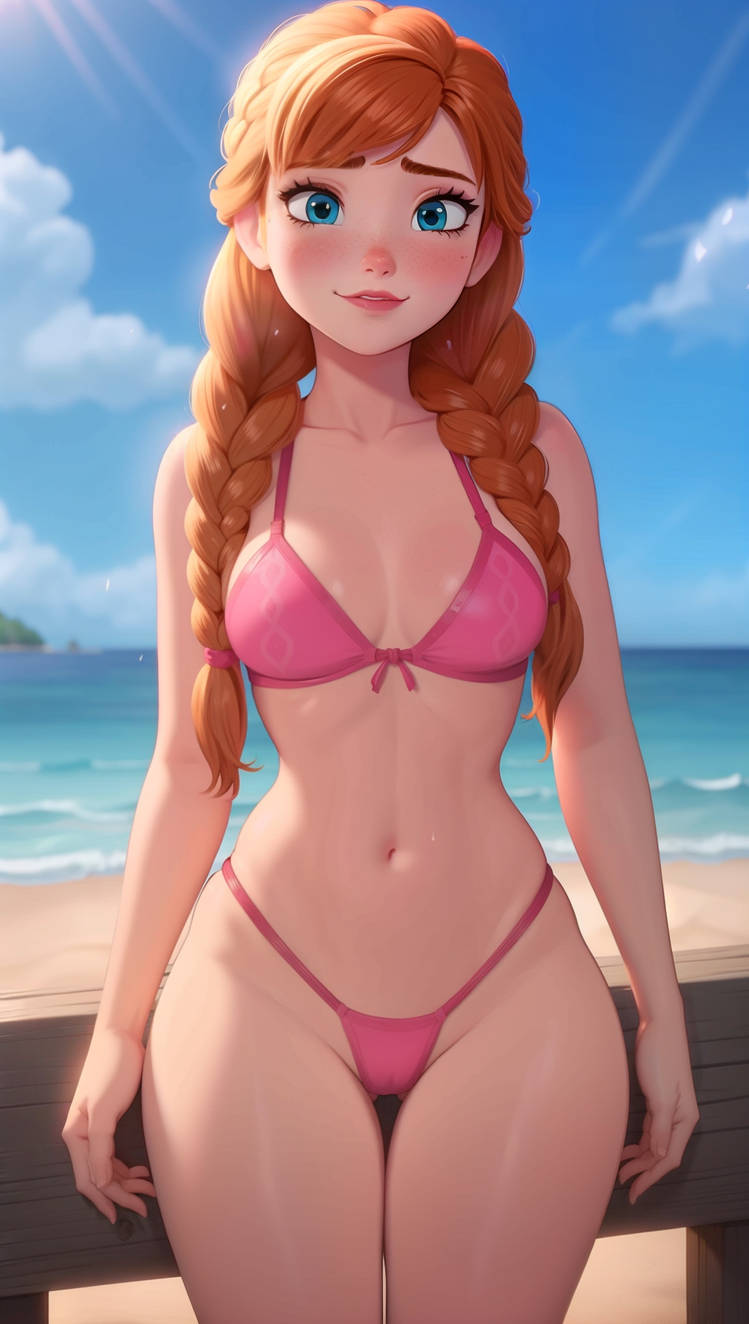 ai generated, anna (frozen), bikini, disney, disney princess, female, frozen (film), small breasts, swimsuit
