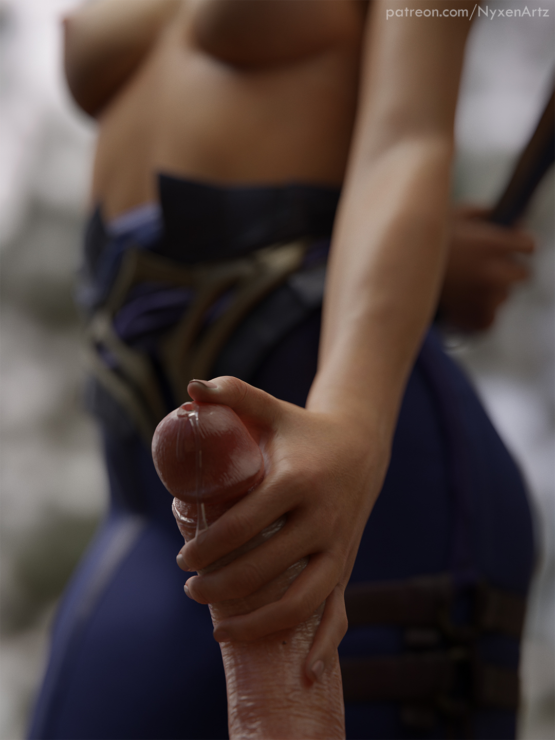 3d, breasts, breasts out, close-up, fan, female, giving head, hand on head, hand on penis, handjob, kitana, kitana (new era), light skin, light-skinned male, male, mortal kombat, mortal kombat 1 (2023), nyxenartz, outdoors, partial male, penis, precum, rubbing penis, topless, topless female