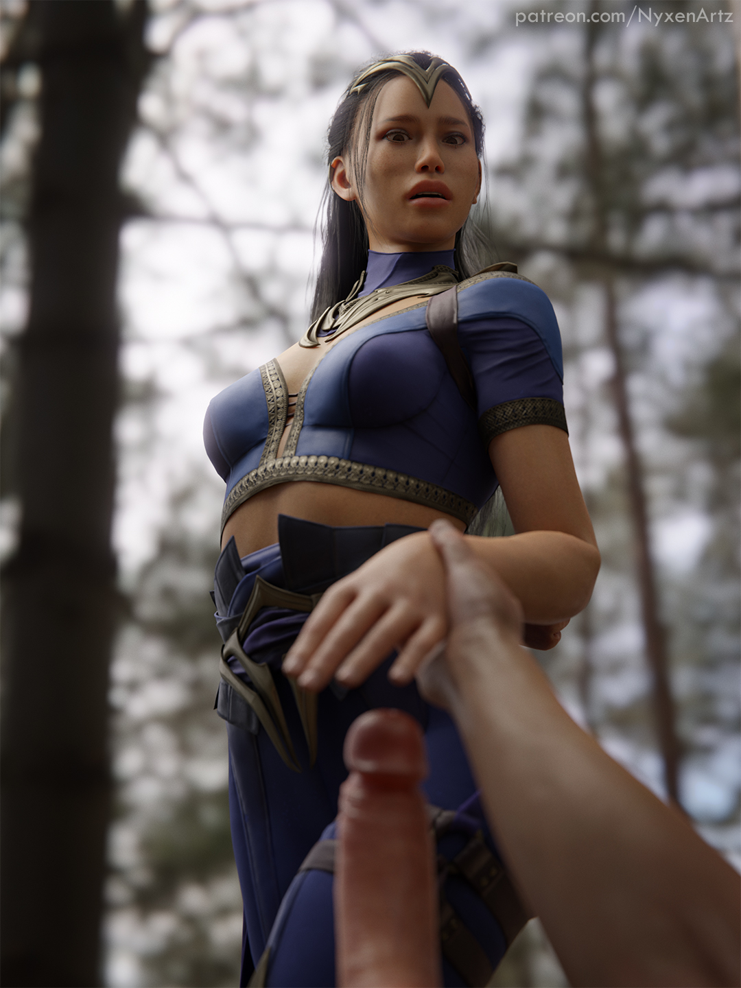 3d, clothed female, cock shock, female, holding hands, kitana, kitana (new era), light skin, light-skinned male, looking at penis, male, mortal kombat, mortal kombat 1 (2023), nyxenartz, outdoors, partial male, penis, penis awe, wrist grab