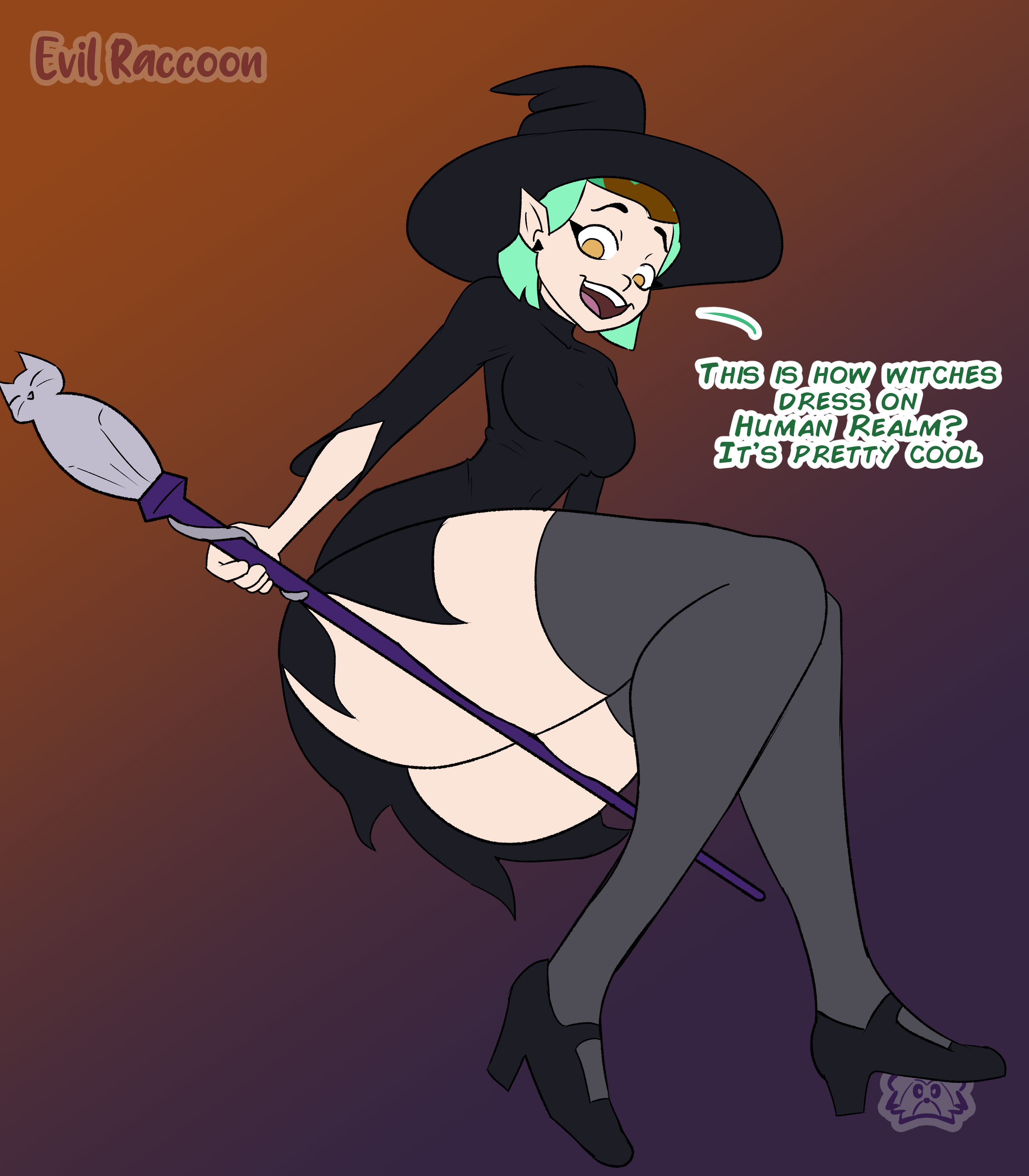 1girls, amity blight, ass, dialogue, disney, disney channel, english, english text, evil raccoon, female, female only, green hair, legs, pointy ears, solo, text, the owl house, thick, thick ass, thick thighs, viewed from below, white body, white skin, witch, witch hat, yellow eyes