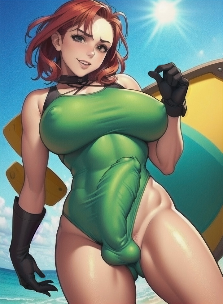 ai generated, big breasts, breasts, erection under clothes, futa only, futanari, gloves, intersex, looking at viewer, penis, penis bulge, penis outline, penis under clothes, red hair, solo futa, stable diffusion, swimsuit, tagme