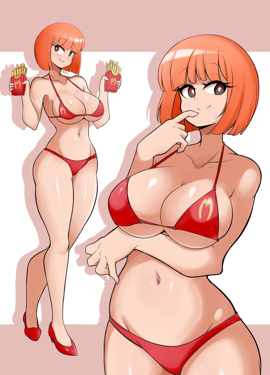 big breasts, breasts, corporation bikini, corporation logo, female, lucyfercomic, mcdonald's, mcdonalds bikini, milf, mom (japanese mcdonald's commercial), thick thighs, wide hips, yoru mac