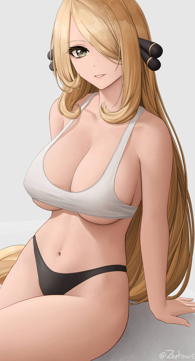 1girls, black panties, blonde hair, bra, breasts, cynthia (pokemon), female, grey eyes, hair ornament, hair over one eye, highleg, highleg panties, large breasts, long hair, looking at viewer, midriff, milf, navel, nintendo, panties, pokemon, pokemon dppt, sitting, solo, sports bra, white bra, white sports bra, zaphn