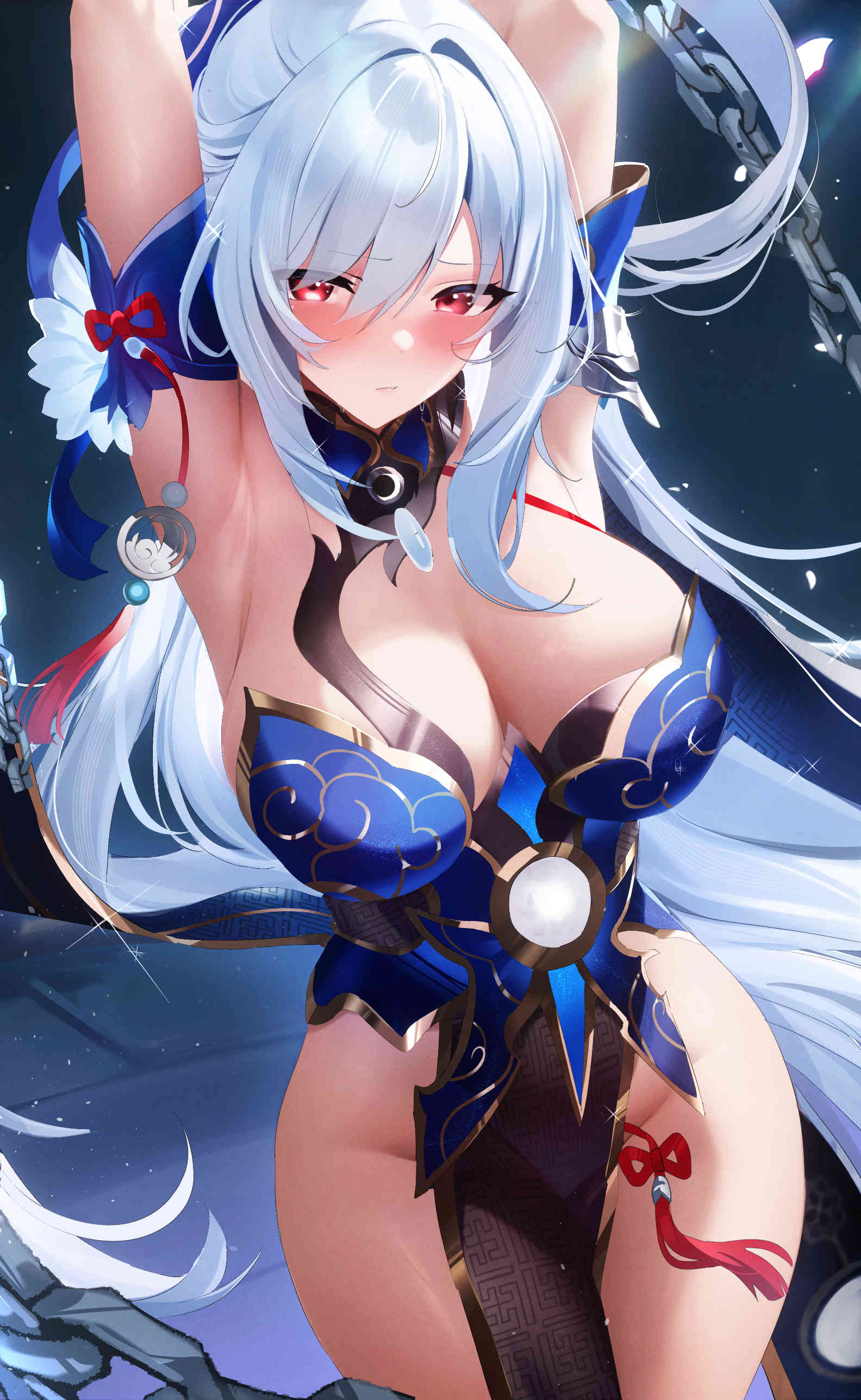 1girls armpits arms_up big_breasts blush chains curvy fantongjun female female_only honkai:_star_rail jingliu_(honkai:_star_rail) large_breasts long_hair looking_at_viewer red_eyes solo solo_female thick thick_thighs voluptuous white_hair wide_hips