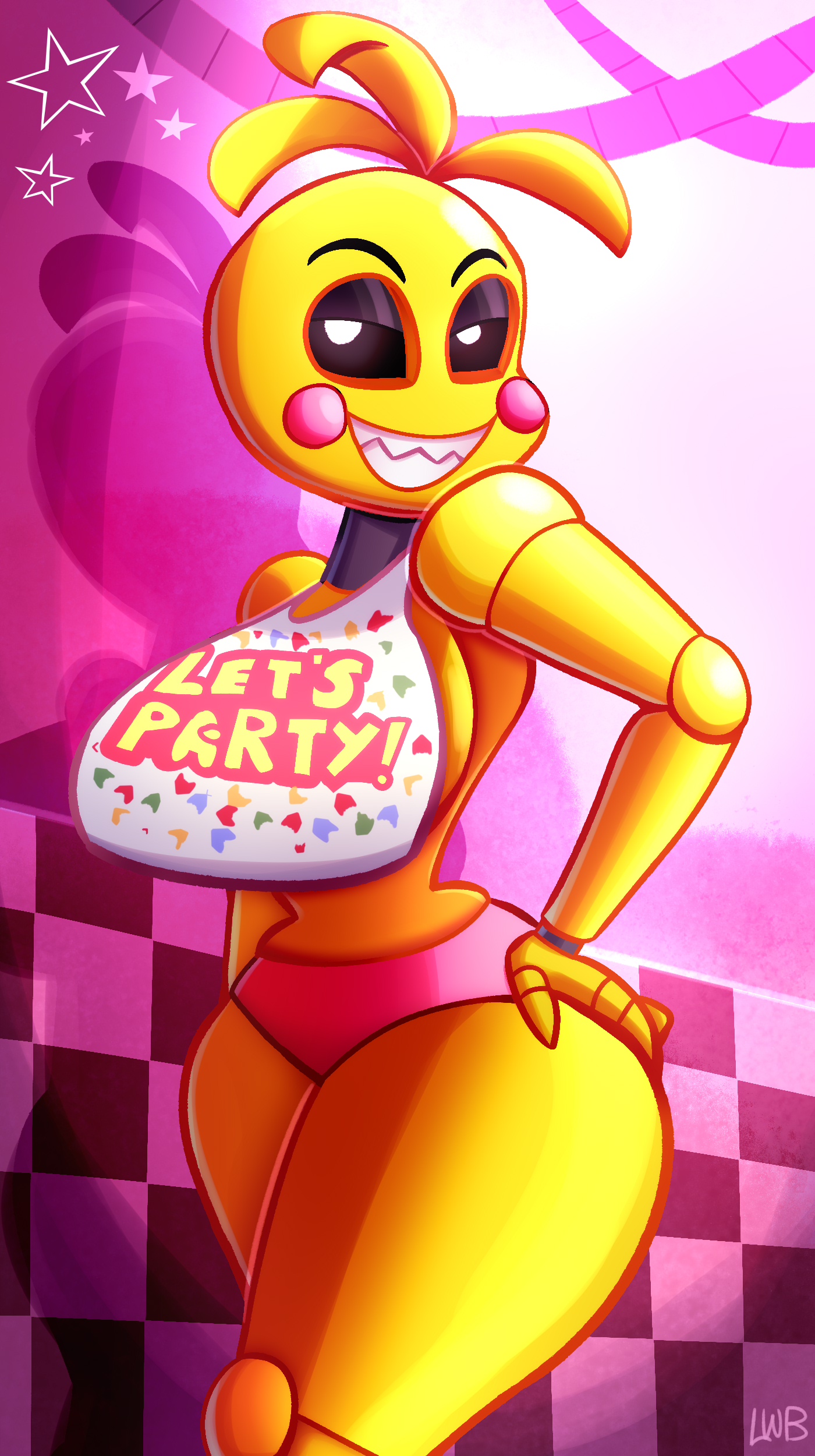 1girls, 2d, 2d (artwork), ahoge, animatronic, anthro, anthrofied, artist name, artist request, artist signature, ass, avian, avian humanoid, bare arms, bare back, bare legs, bare midriff, bare shoulders, bare thighs, barely clothed, bedroom eyes, bib, big ass, big breasts, big butt, big hips, big thighs, black sclera, bottomwear, breasts, busty, checkered, checkered background, cheek markings, chest, clenched teeth, clothes, clothing, covered breasts, covered nipples, crossed legs, curvaceous, curvy, curvy female, curvy figure, digital drawing (artwork), digital media (artwork), english text, exposed shoulders, eyebrows, facing away, female, female only, fit, fit female, five nights at freddy's, five nights at freddy's 2, fnaf, front view, functionally nude, functionally nude female, galliform, gallus (genus), glistening, glistening body, half-closed eyes, hand on hip, hi res, hips, hourglass figure, huge ass, huge breasts, huge butt, huge thighs, humanoid, joints, large breasts, large hips, large thighs, legs crossed, looking away, looking to the side, machine, midriff, naked, naked female, narrowed eyes, no bra, nude, nude female, panties, partially nude, pink background, pink cheeks, pink panties, pose, posing, robot, robot girl, robot humanoid, robot joints, rosy cheeks, seductive, seductive eyes, seductive look, seductive pose, seductive smile, sharp teeth, shiny, shiny breasts, shiny hair, shiny skin, skimpy, skimpy clothes, slim waist, smile, smiling, smooth skin, solo, solo female, standing, stars, tagme (artist), teeth, teeth showing, text, text on clothing, text on topwear, thick thighs, thin waist, tight clothing, tight fit, topwear, toy chica (fnaf), underwear, upper body, voluptuous, voluptuous female, white eyes, wide hips, wires, yellow body, yellow skin