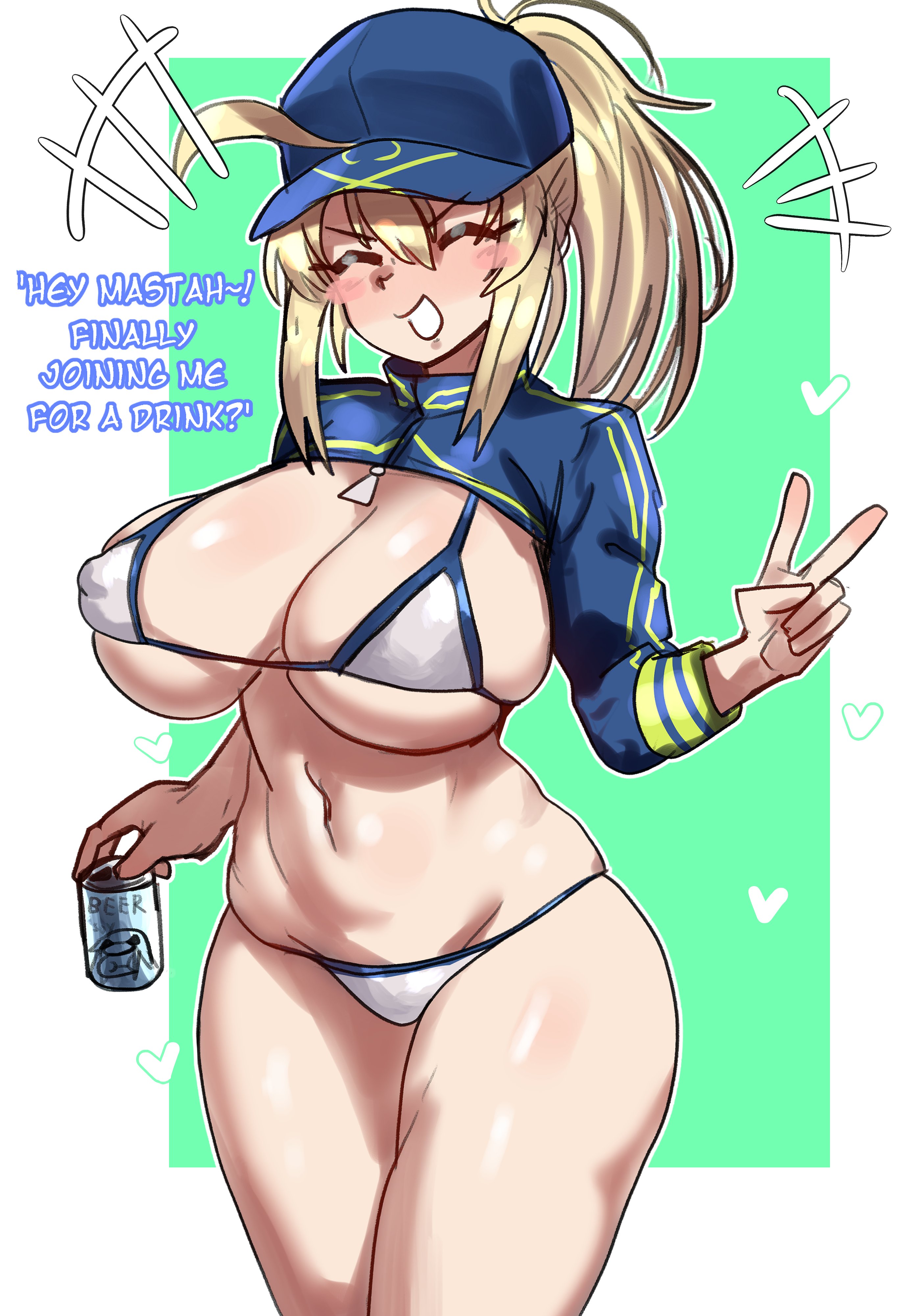 1girls, artoria pendragon, bikini, blonde hair, breasts, dialogue, drunk, ebora, english text, fate (series), fate/grand order, female, hat, huge breasts, large breasts, light skin, light-skinned female, long hair, mysterious heroine xx (foreigner), peace sign, ponytail, skindentation, smile, swimsuit, v, v sign, white bikini, youngmanisdown