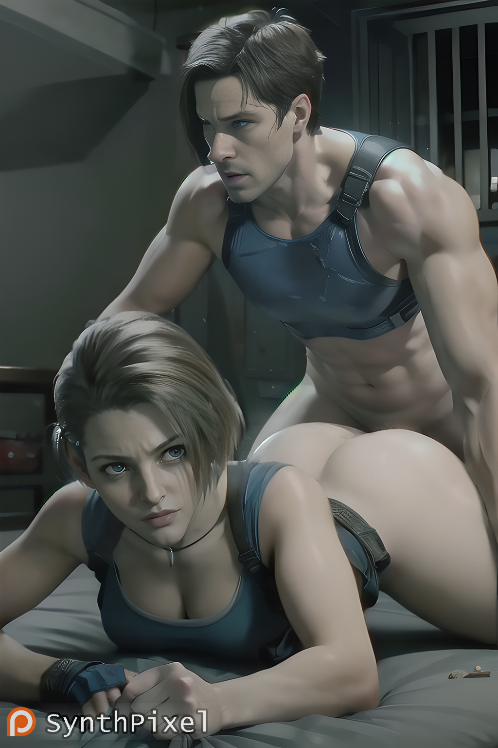 1boy 1boy1girl 1girls ai_generated ass_up blue_eyes blue_shirt bottomless bottomless_female bottomless_male brown_hair cleavage detailed facing_viewer female from_behind from_behind_position high_quality highres indoors inside jill_valentine leon_scott_kennedy light-skinned_female light-skinned_male male_on_female male_on_top male_penetrating_female muscular_male naked penis penis_in_pussy prone_bone realistic resident_evil resident_evil:_death_island sex short_hair synthpixel vaginal_penetration vaginal_sex