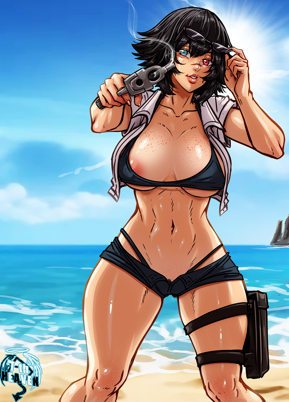 1girls, 2d, 7th-heaven, beach, bikini, devil may cry, devil may cry (series), female, female only, gun, heterochromia, lady (devil may cry), looking at viewer, nipple slip, solo, summer, sunglasses, sunglasses on head, swimsuit