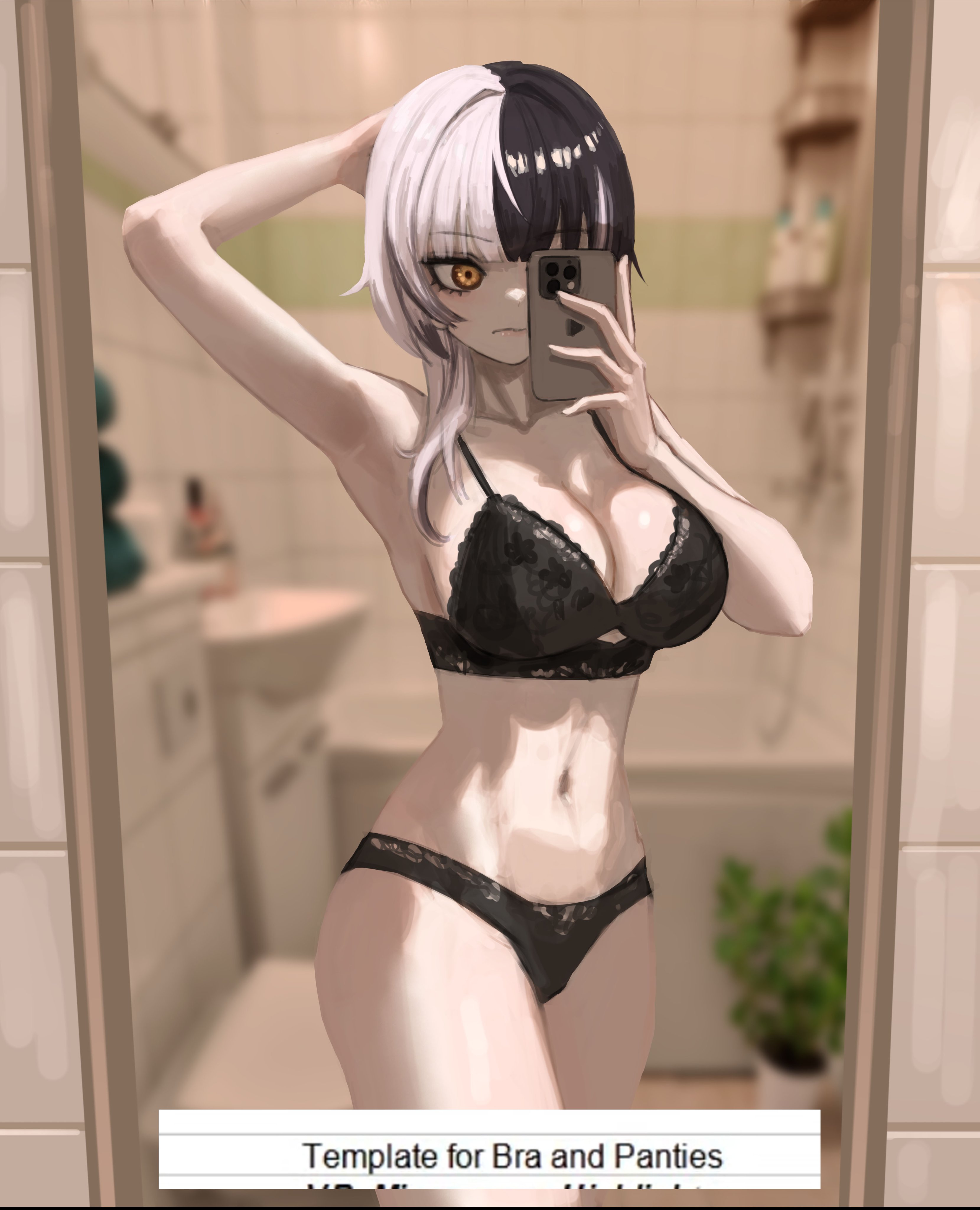 bathroom, black bra, black panties, bra, failose, female, hololive, hololive english, hololive english -advent-, mirror, multicolored hair, navel, panties, phone, photo background, selfie, shiori novella, underwear, underwear only, virtual youtuber