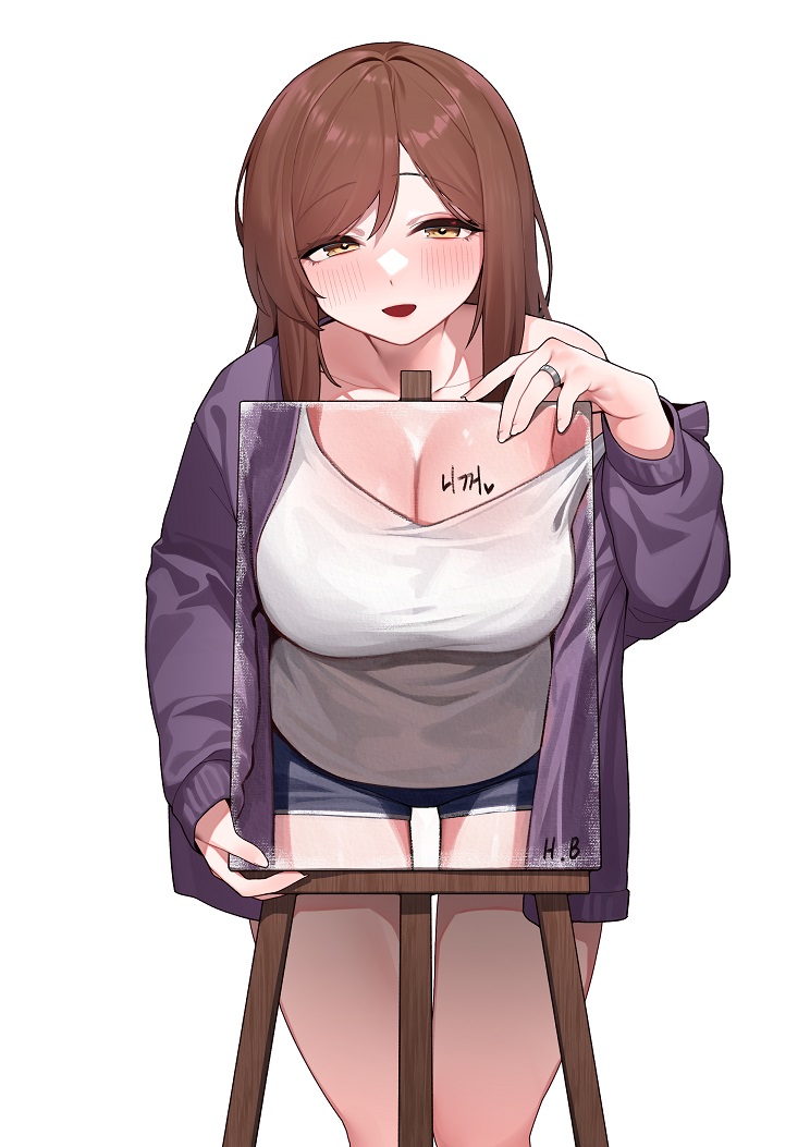 :d black_shorts blush body_writing breasts brown_eyes brown_hair canvas_(object) cleavage collarbone commission female jacket jewelry large_breasts long_hair long_sleeves looking_at_viewer off_shoulder open_clothes open_jacket open_mouth original painting pixiv_commission purple_jacket ring sangobob shirt short_shorts shorts simple_background single_bare_shoulder smile solo swept_bangs tank_top thigh_gap translation_request white_background white_shirt