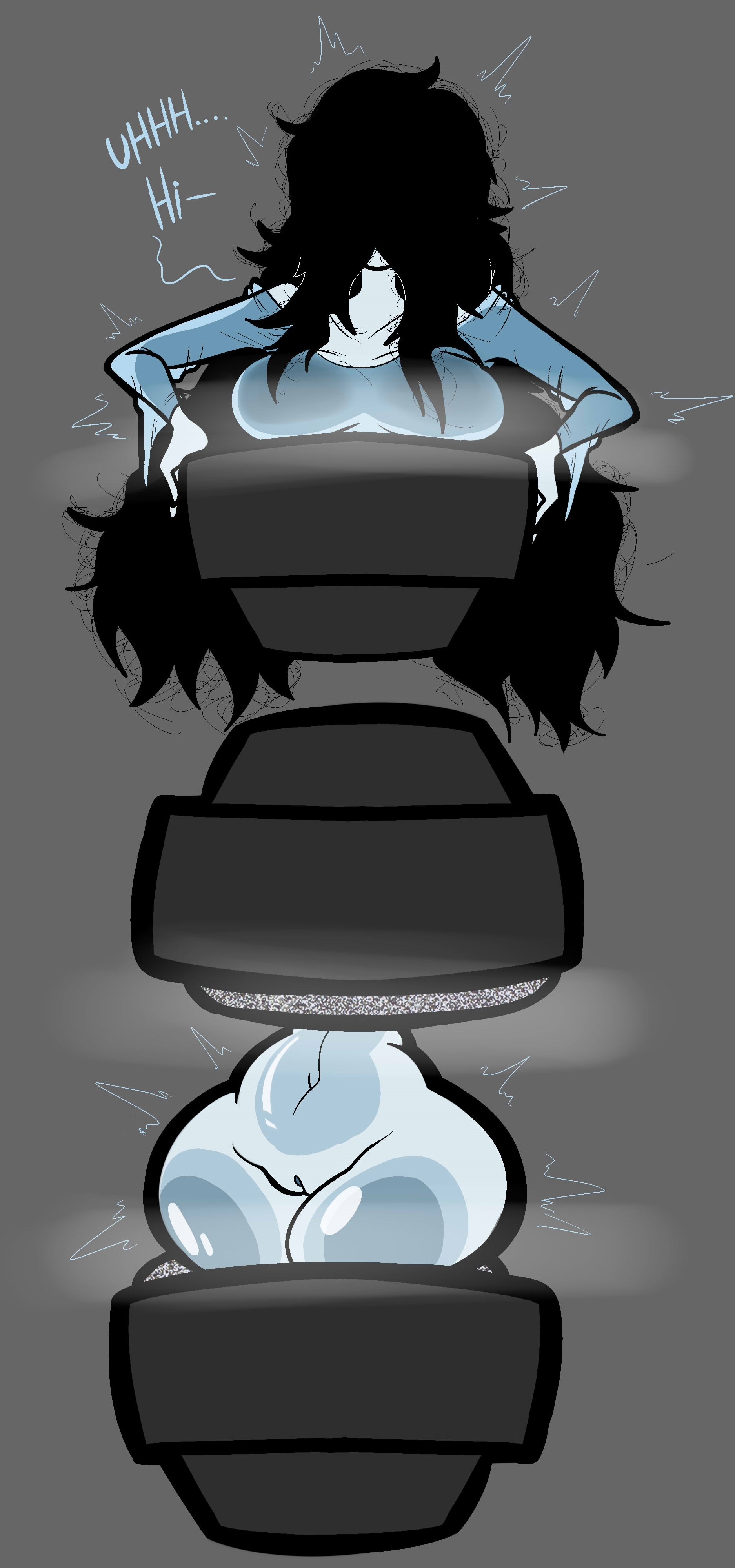 1girls, 2023, 2d, absurd res, big hips, big thighs, black hair, bottomless, breasts, cumlord, cumlord (artist), dialogue, english text, eyes covered, female, female only, grey background, hair over eyes, hi res, huge hips, just coffee, large thighs, long hair, messy hair, navel, nightmare waifu, portal, pussy, simple background, small waist, solo, solo female, static, talking to viewer, television, text, the ring, thick thighs, thighs, through screen, tiny waist, tv, wide hips, yamamura sadako