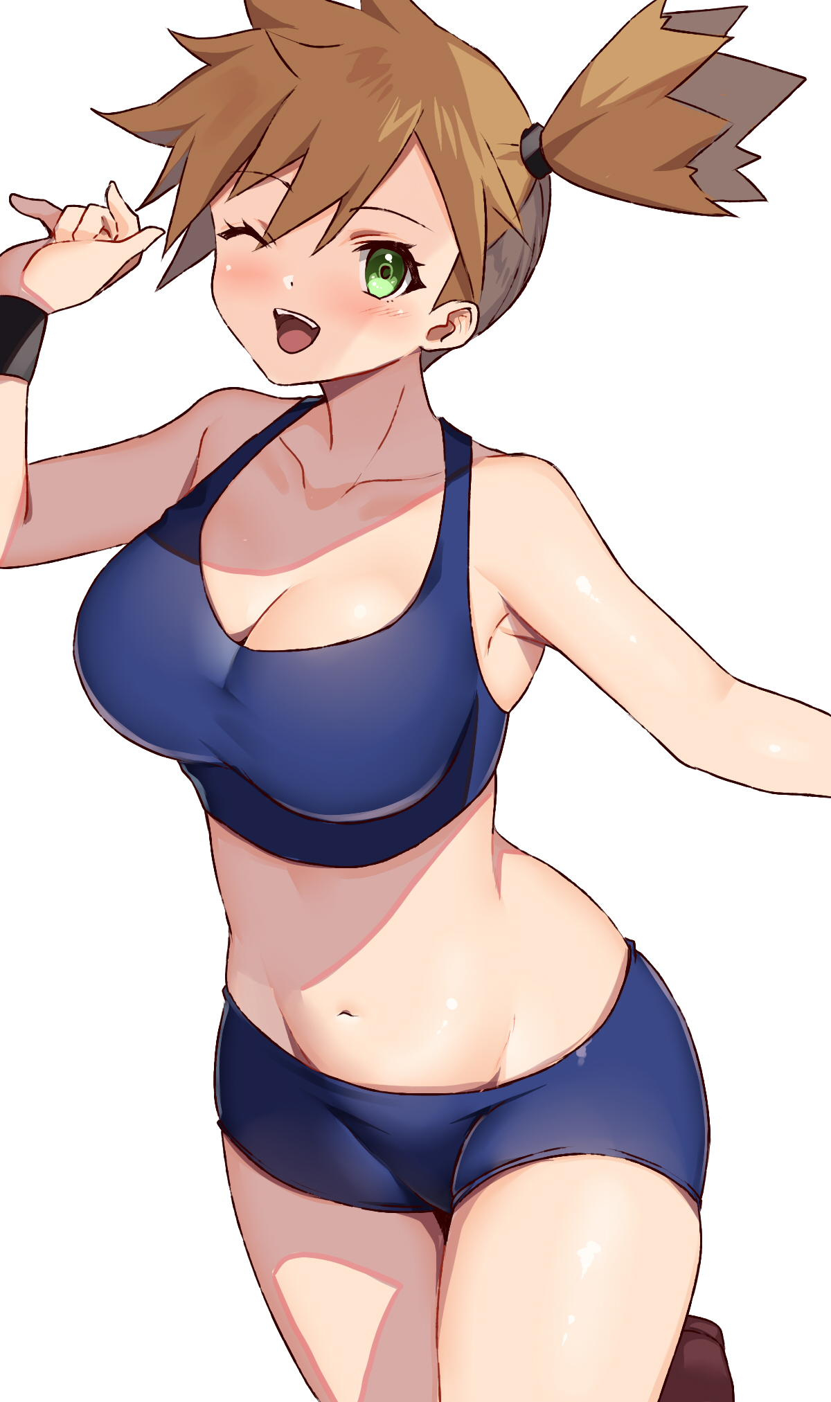 adapted costume, asymmetrical hair, bare legs, bikini, blue bikini, blue eyes, blue shorts, blush, breasts, cameltoe, cowboy shot, creatures (company), female, game freak, gym leader, hair between eyes, highres, huge breasts, kasumi (pokemon), large breasts, legs, looking at viewer, navel, nintendo, one eye closed, open mouth, orange hair, outdoors, pokemon, pokemon (anime), pokemon origins, ponytail, pussy, short hair, short ponytail, shorts, side ponytail, sky, smile, solo, standing, stomach, swimsuit, thick thighs, thighs, tight clothes, wide hips, wink