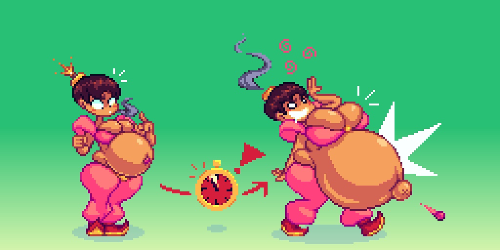 1girls belly_button belly_expansion bellybelting big_belly big_breasts bomb_girl huge_belly oc pixel_art