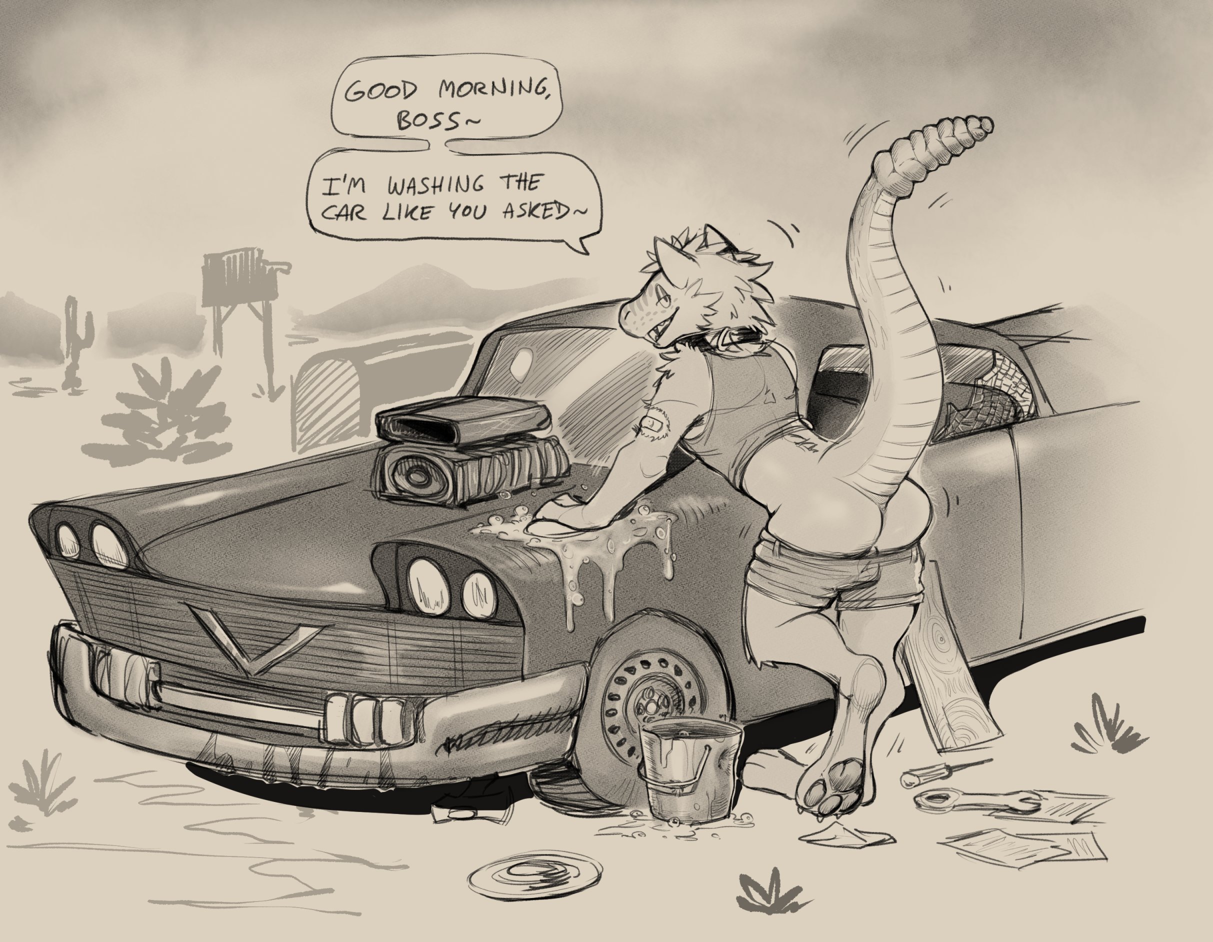 1boy, ass, bethesda softworks, daftpatriot, fallout, male, male only, night stalker (fallout), paws, shorts down, washing car