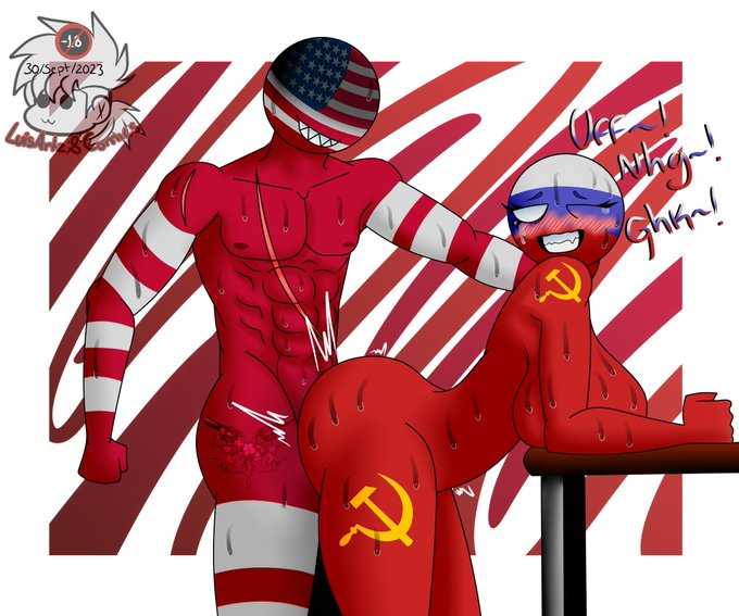 big_breasts countryhumans countryhumans_girl holding_shoulder onomatopoeia partners partners_fucking red_body russia_(countryhumans) sex united_states_of_america_(countryhumans) white_body