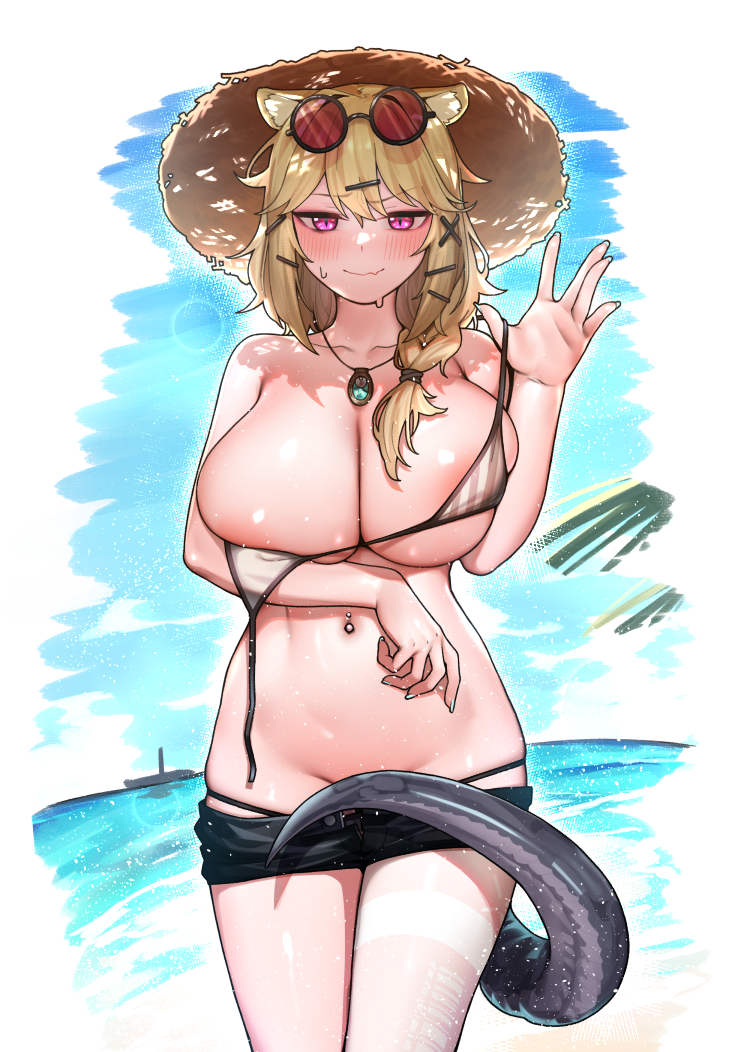 animal_ear_fluff animal_ears aqua_nails arknights arm_under_breasts beach bikini bikini_pull black_bikini black_shorts blonde_hair blue_sky braid breast_hold breast_lift breasts brown_bikini closed_mouth clothes_pull day eyewear_on_head female grey_tail hair_ornament hair_over_shoulder hairclip hat jewelry korean_commentary large_breasts looking_at_viewer navel_piercing necklace nervous_smile oerba_yun_fang official_alternate_costume outdoors piercing purple_eyes purple_glasses round_eyewear sangobob short_shorts shorts shorts_pull skin_fang skindentation sky slit_pupils smile snake_tail solo standing stomach strap_lift straw_hat string_bikini striped striped_bikini sun_hat sunglasses sweat swimsuit tail tail_censor tinted_eyewear transparent_background utage_(arknights) utage_(summer_flowers)_(arknights) vertical-striped_bikini vertical_stripes x_hair_ornament