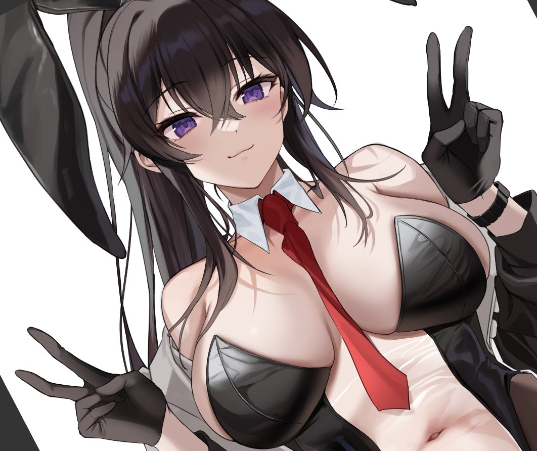 bare_shoulders between_breasts black_gloves black_hair bracelet breasts bunny_ears bunnysuit cleavage counter:side covered_navel detached_collar double_v female gloves jewelry large_breasts leotard long_hair looking_at_viewer maett necktie necktie_between_breasts playboy_bunny ponytail purple_eyes red_necktie see-through see-through_clothing solo transparent_bunnysuit v white_background yoo_mina