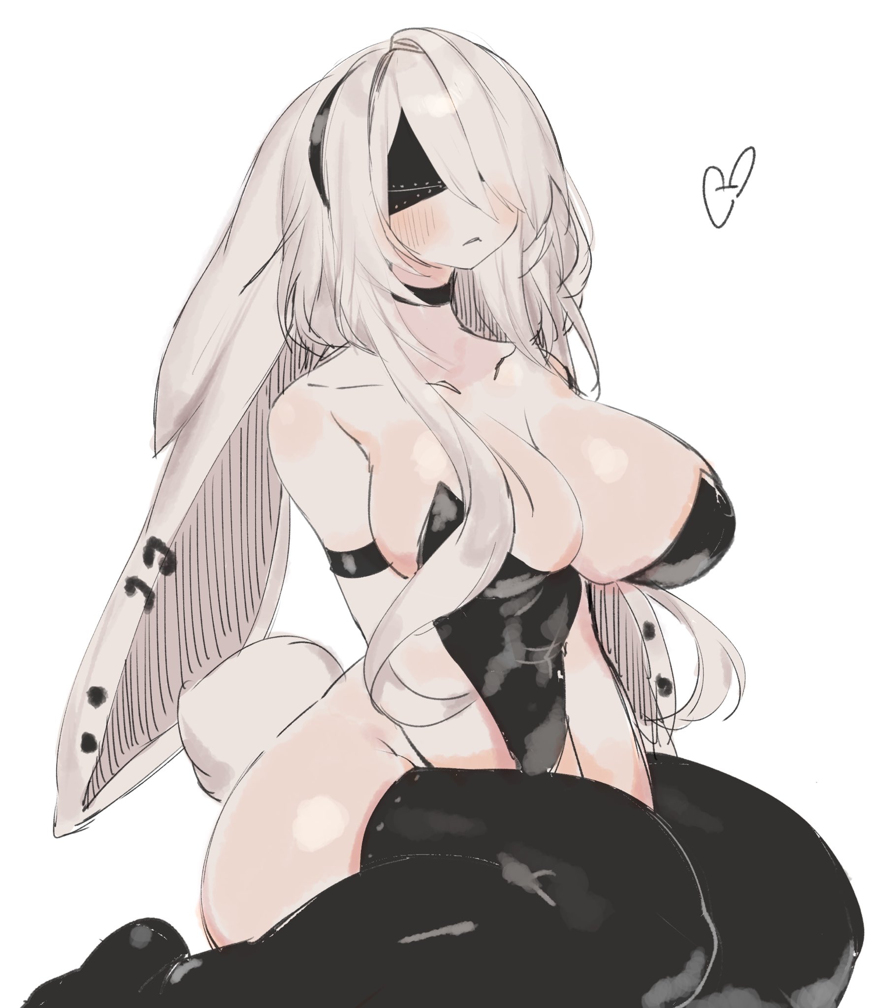 ass, big ass, big breasts, big thighs, blush, breasts, bunny ears, bunny girl, bunny tail, bunnysuit, female, gigantic ass, gigantic thighs, huge ass, huge breasts, huge thighs, long hair, nier: automata, pierced ears, square enix, tagme, thick hips, thick thighs, thighhighs, thighs, usa37107692, white body, white hair, white skin, yorha 2b