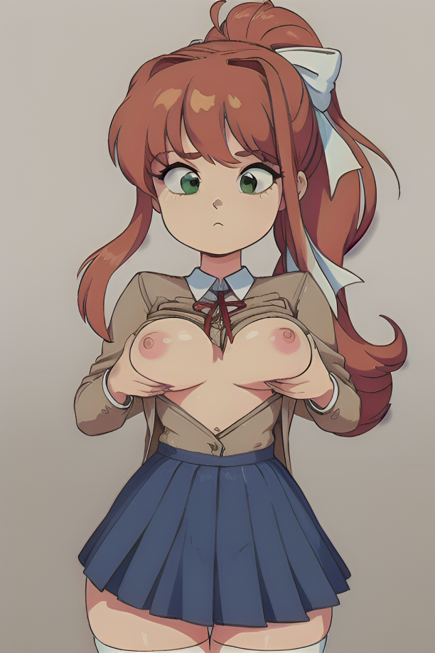 ai_generated blazer bow_in_hair breasts_out coral_brown_hair doki_doki_literature_club emerald_green_eyes female female green_eyes holding_own_breasts monika_(doki_doki_literature_club) nipples pixai red_ribbon ribbon skirt solo unbuttoned unbuttoned_shirt white_bow white_thighhighs