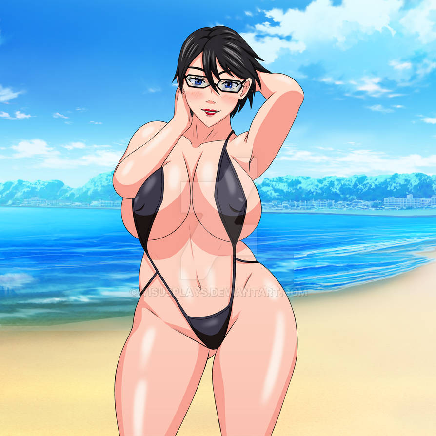 bayonetta bayonetta_(character) bayonetta_2 big_breasts black_hair glasses human sling_bikini smile thick_thighs umbra_witch