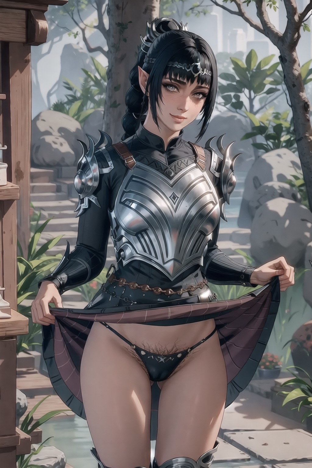 ai generated, armor, baldur's gate 3, black hair, dress, dungeons and dragons, female, female only, forgotten realms, headwear, lifted by self, lifting skirt, panties, pointy ears, pubic hair, pubic hair peek, shadowheart, thighs