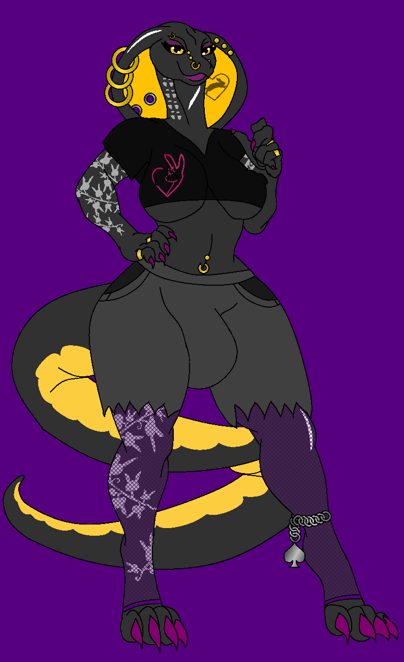 anklet anthro ayomi_sabatier black_scales cobra fishnets futanari hood mikathefluffywolf piercings pink_nails purple_eyeshadow ripped_shorts solo spade tattoos yellow_eyes yellow_scales