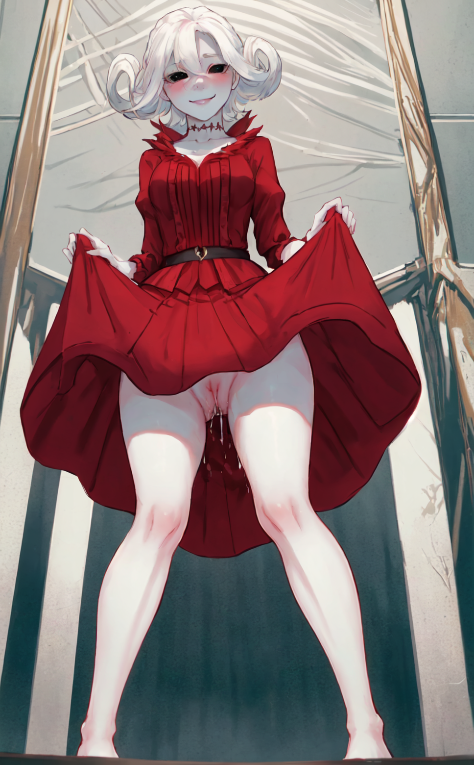 ai_generated belt black_eyes black_sclera bloody_queen blush dress dress_lift from_below identity_v mary_(identity_v) neck_stitches pale_skin red_dress short_hair skirt_lift smile stable_diffusion stitches thighs waist_belt wet_pussy white_hair white_skin